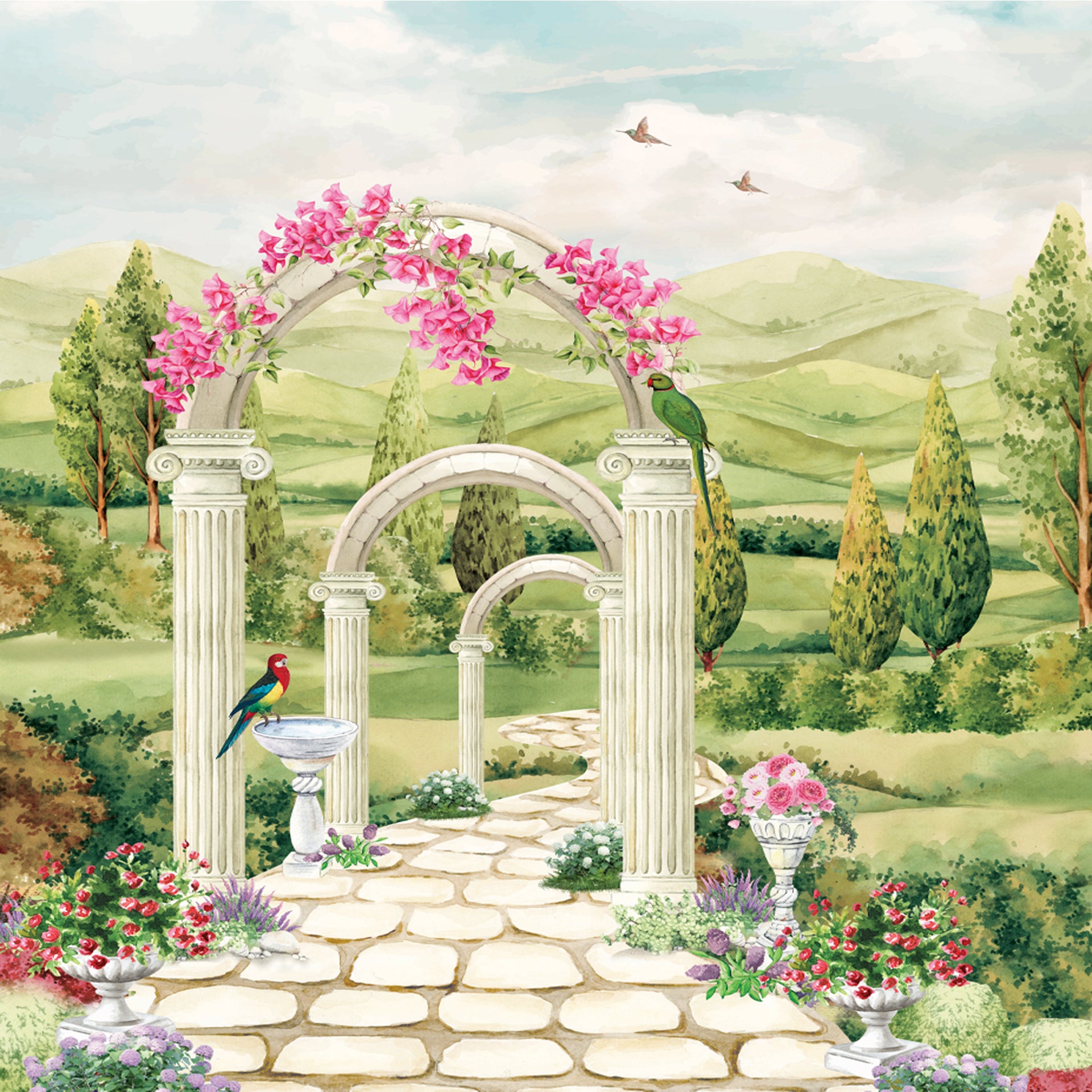 Royal Garden: Gateway Arch Wallpaper With Pink Flowers