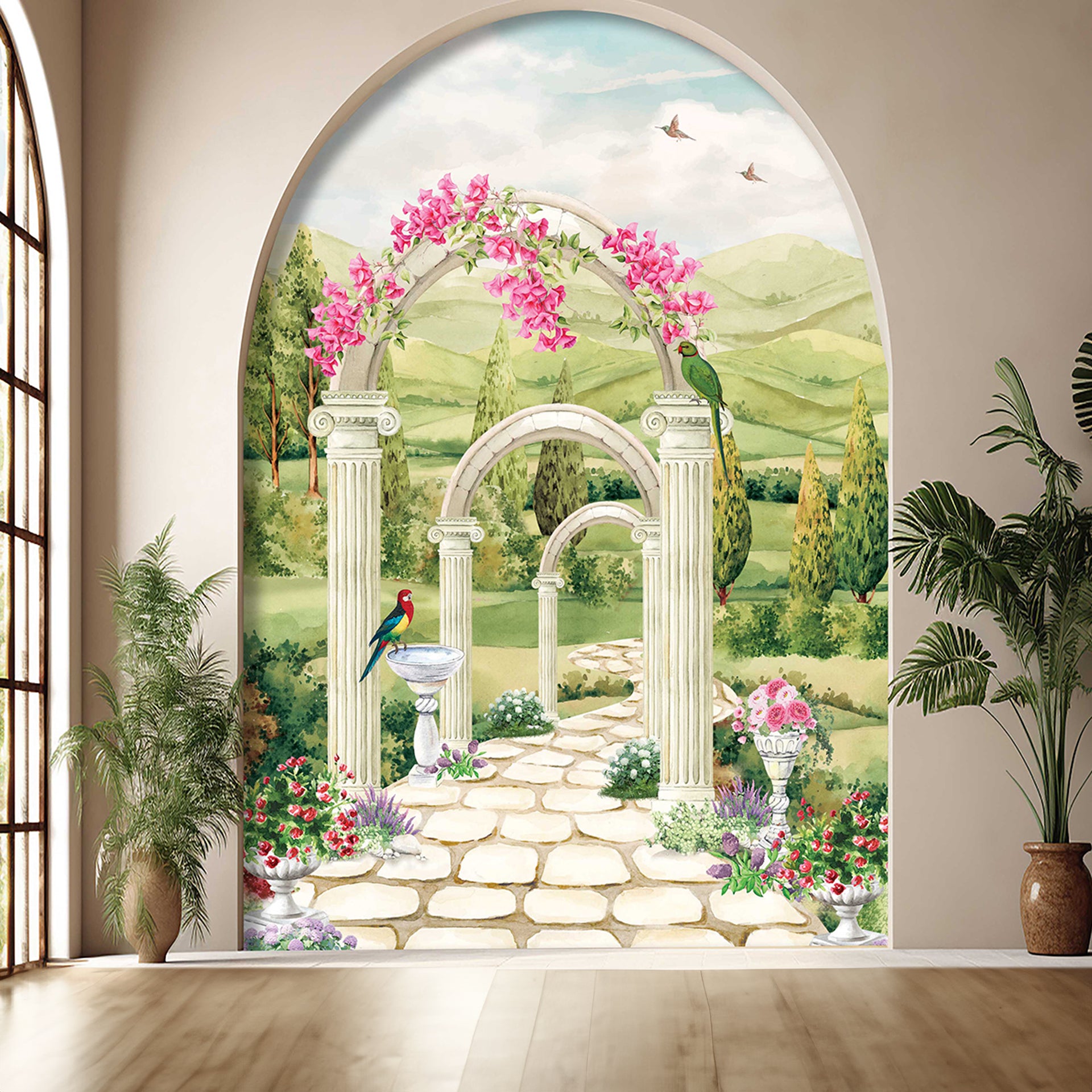 Royal Garden: Gateway Arch Wallpaper With Pink Flowers