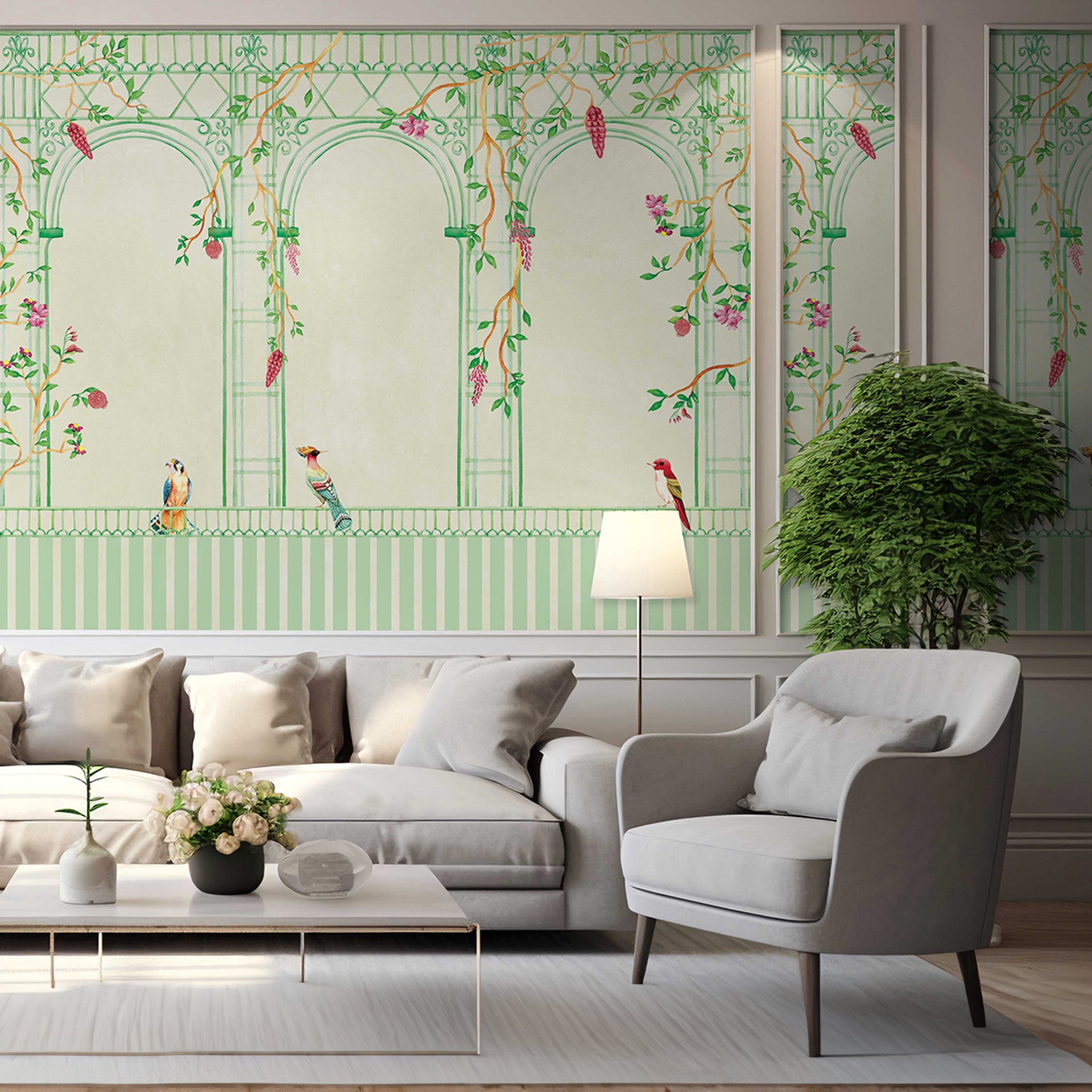 Floral Arches: Wallpaper With Exotic Birds & Vibrant Flowers