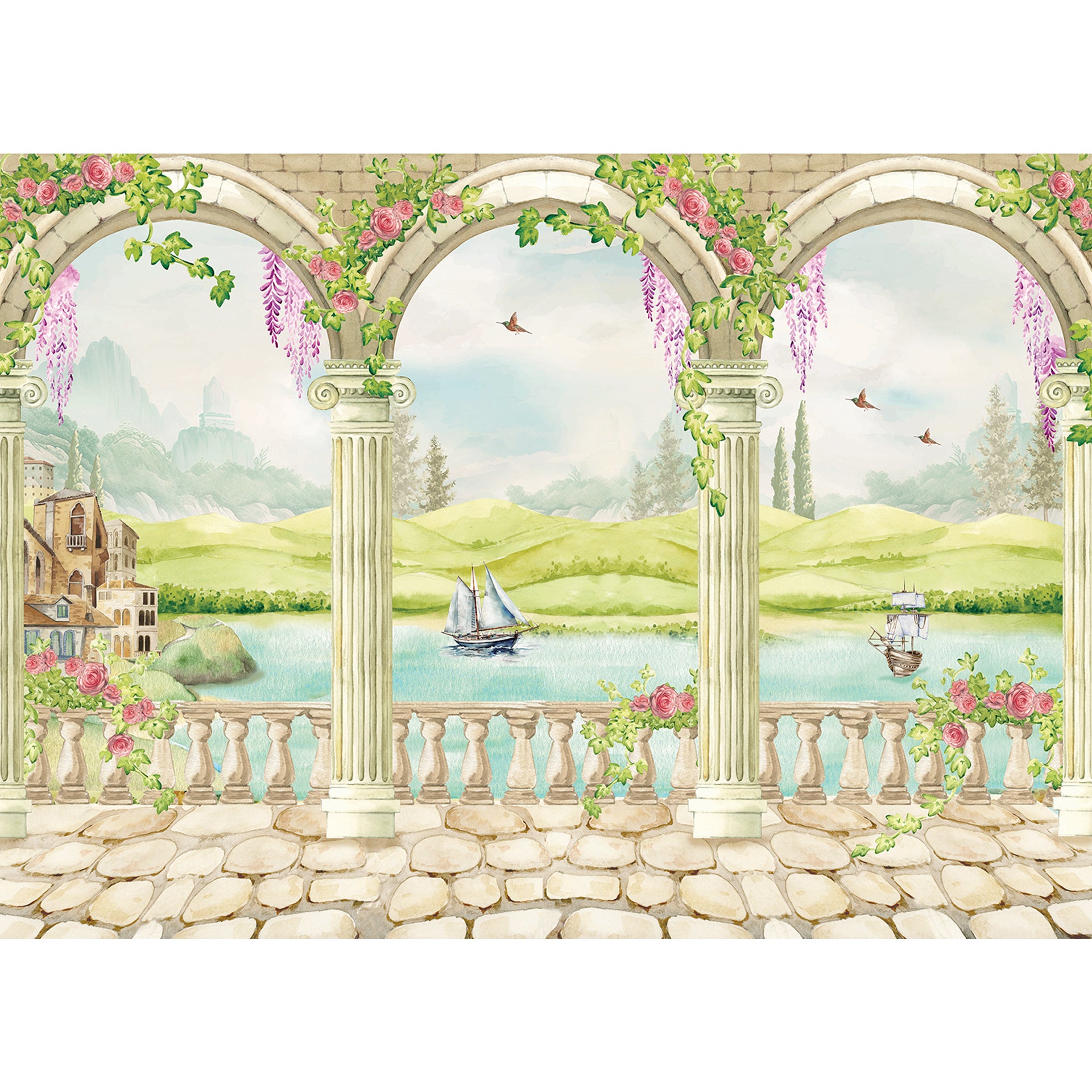 Lakeside Castle: British Wallpaper With Elegant Flower Arches