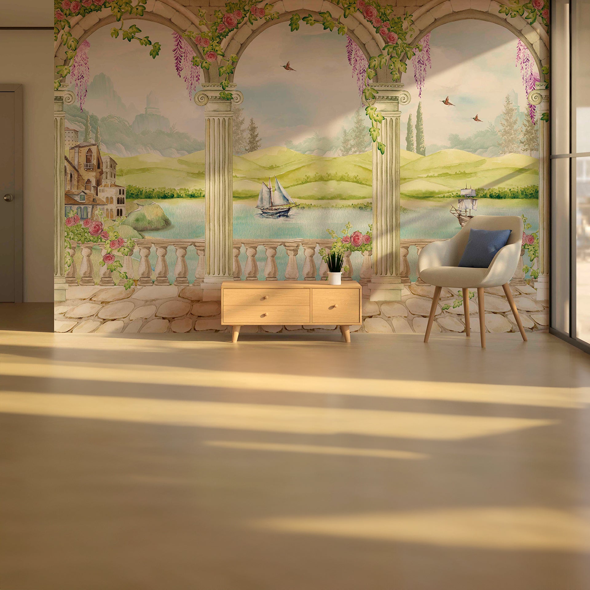 Lakeside Castle: British Wallpaper With Elegant Flower Arches