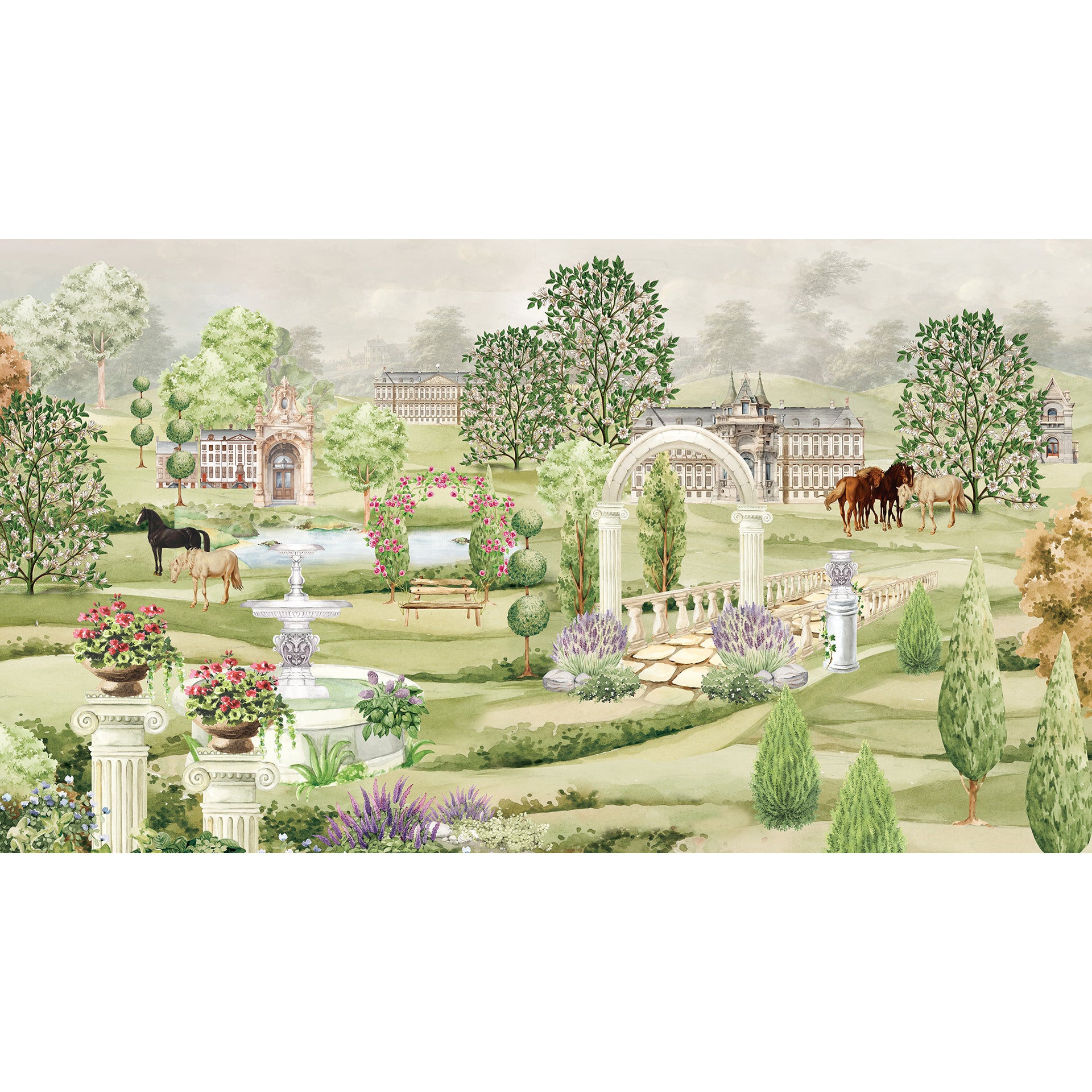 English Castle: Garden Wallpaper With Horses