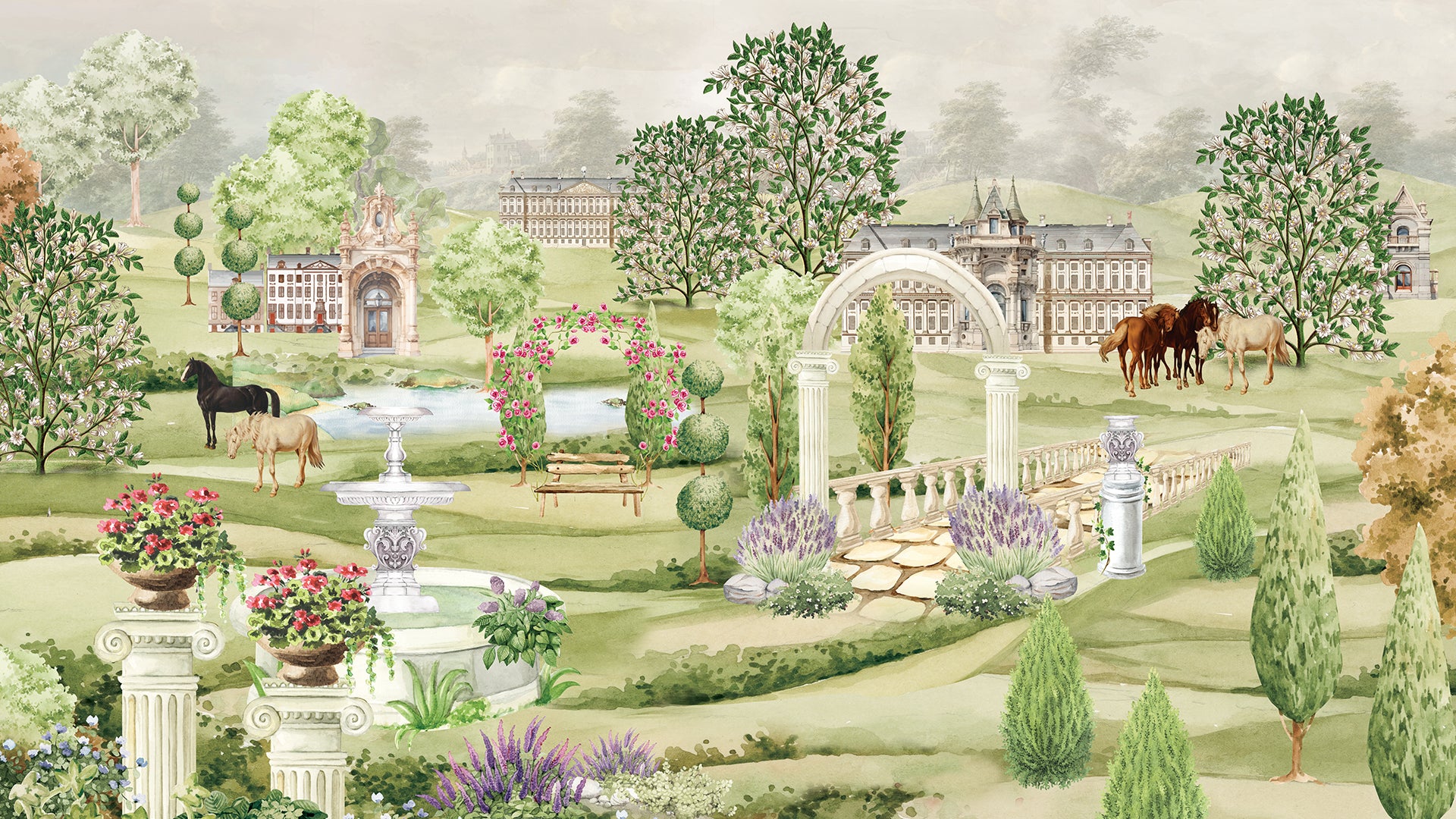 English castle garden with hourses wallpaper for walls