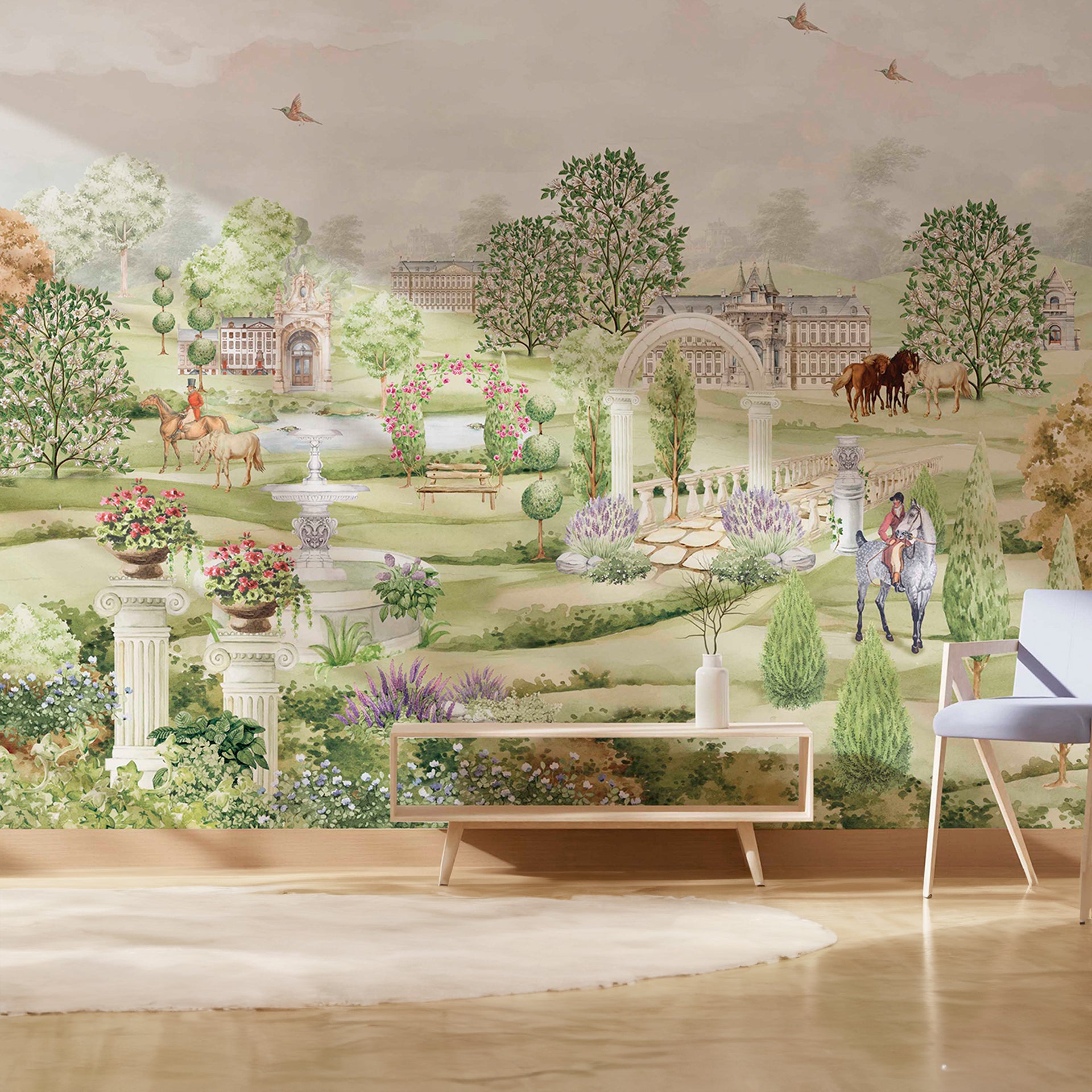 English Castle: Garden Wallpaper With Horses