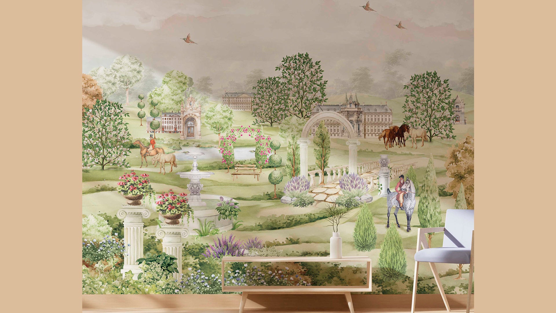 English castle garden with hourses wallpaper for walls