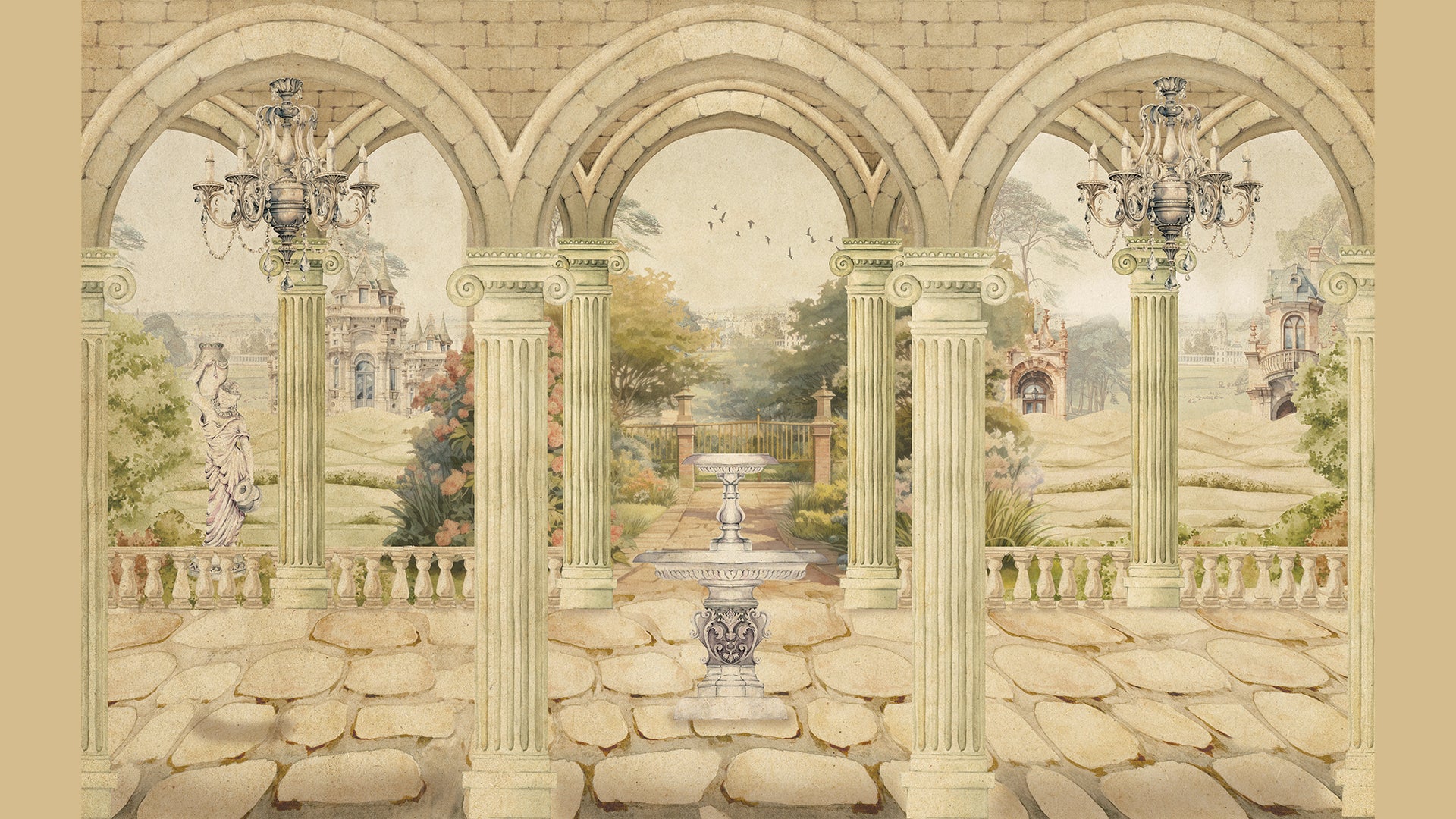 Vintage british garden wallpaper with fountain