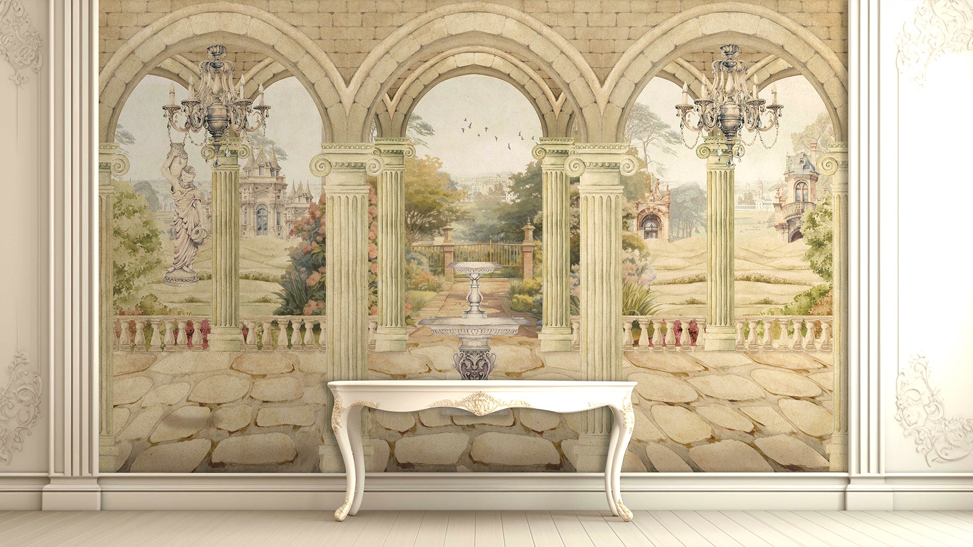 Vintage british garden wallpaper with fountain