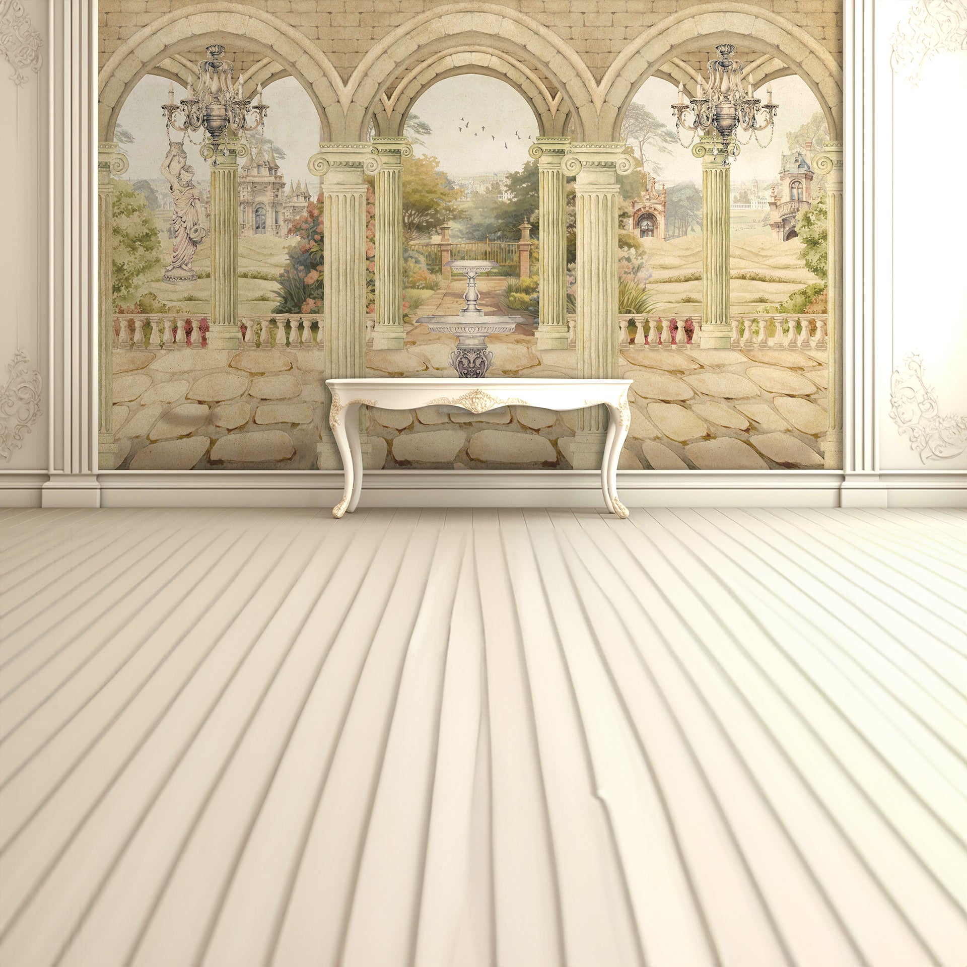 Elegant-Courtyard: Courtyard With Arches, Columns, and Central Fountain