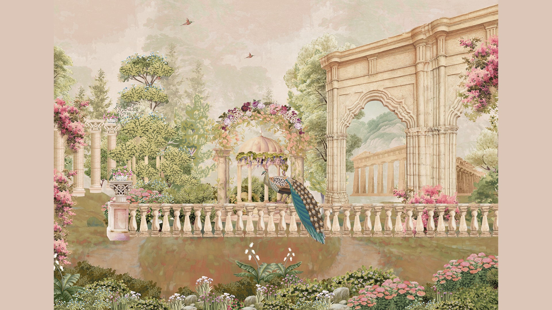 english colorful garden arch Wallpaper for walls with peocock