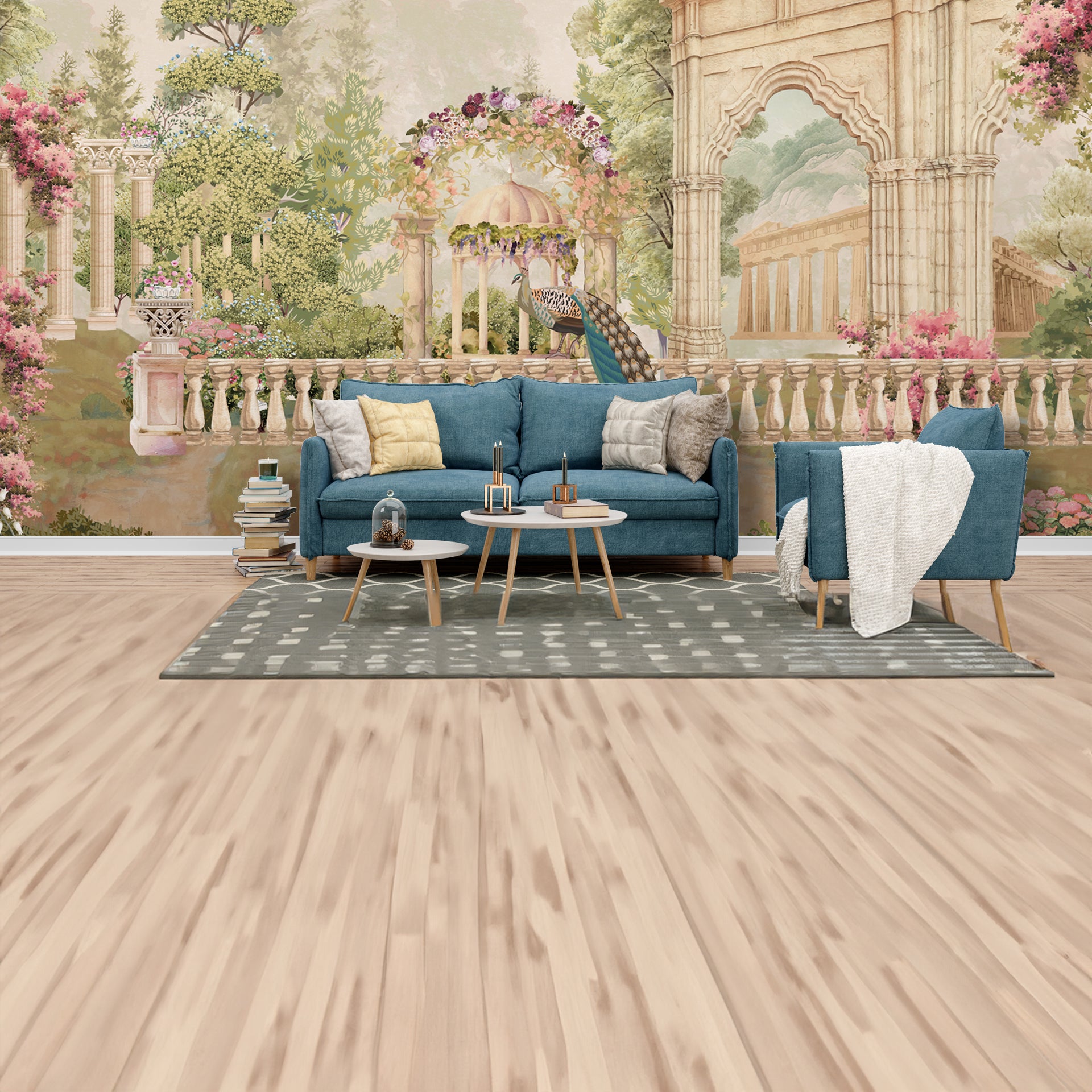 Regal-Peacock: Romantic Garden  With Peacock, Archways In Soft Pastel Tones