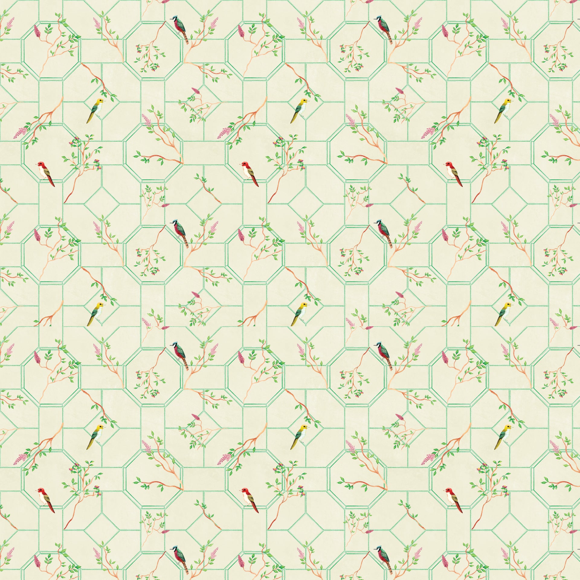 Spring Orchard: Wallpaper With Colorful Birds & Fruit Tree Branches