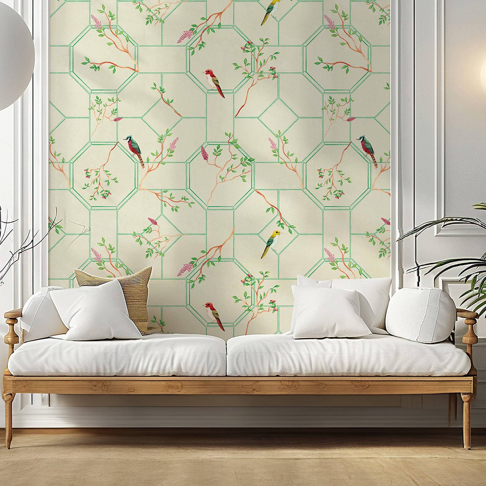 Spring Orchard: Wallpaper With Colorful Birds & Fruit Tree Branches