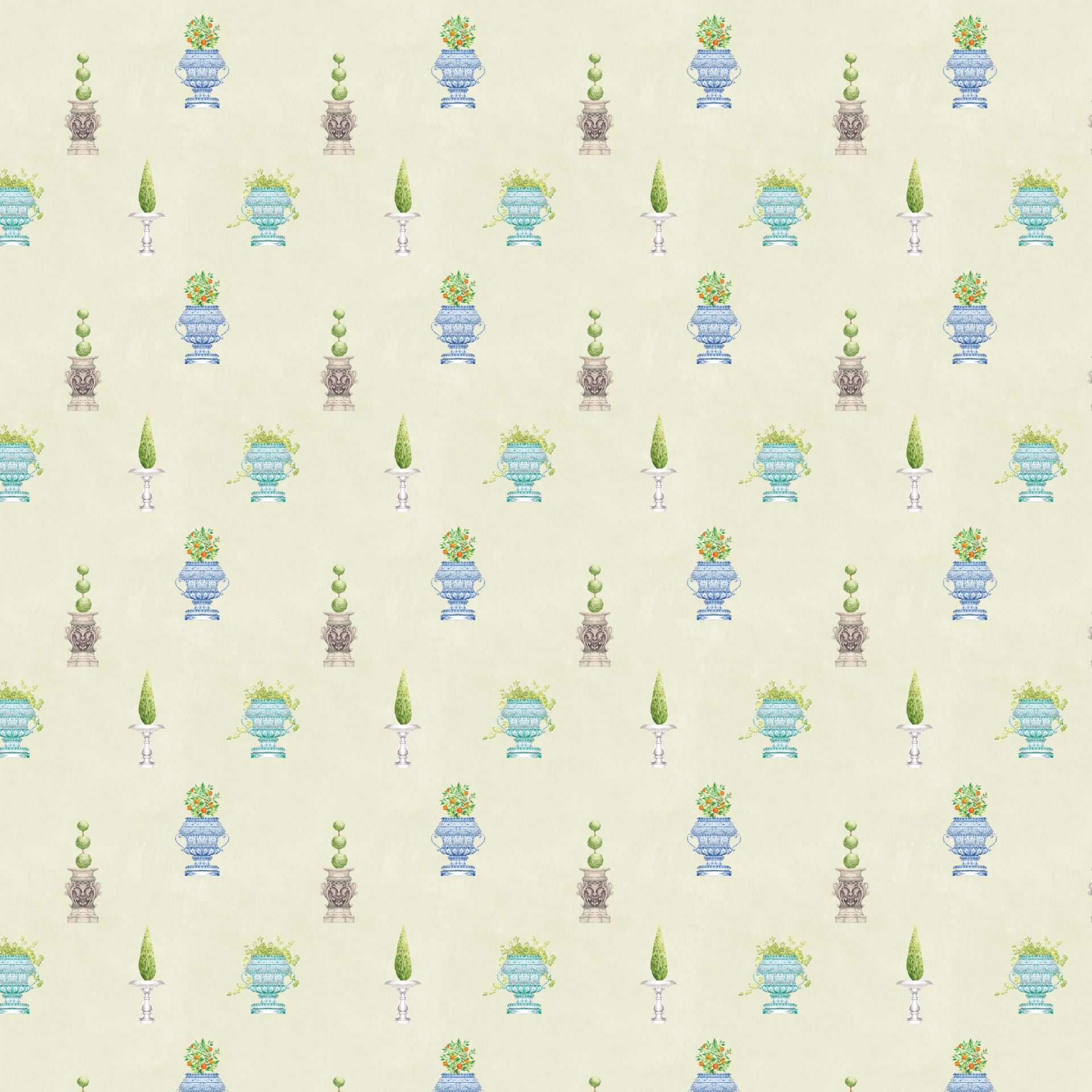 Casabella Topiary: Wallpaper With English Garden Fountain & Tree Design