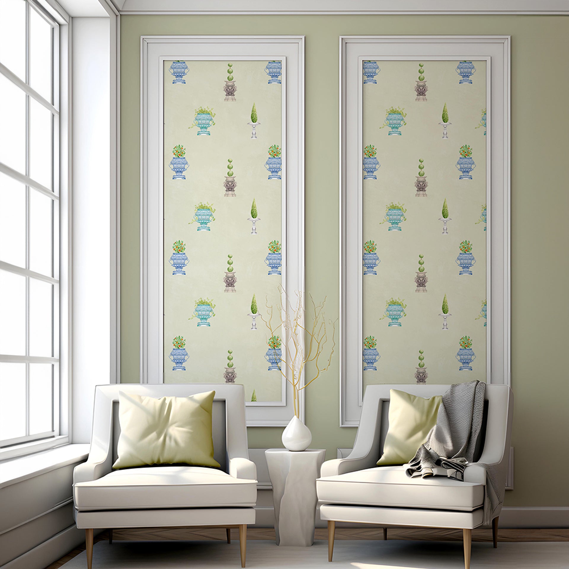 Casabella Topiary: Wallpaper With English Garden Fountain & Tree Design