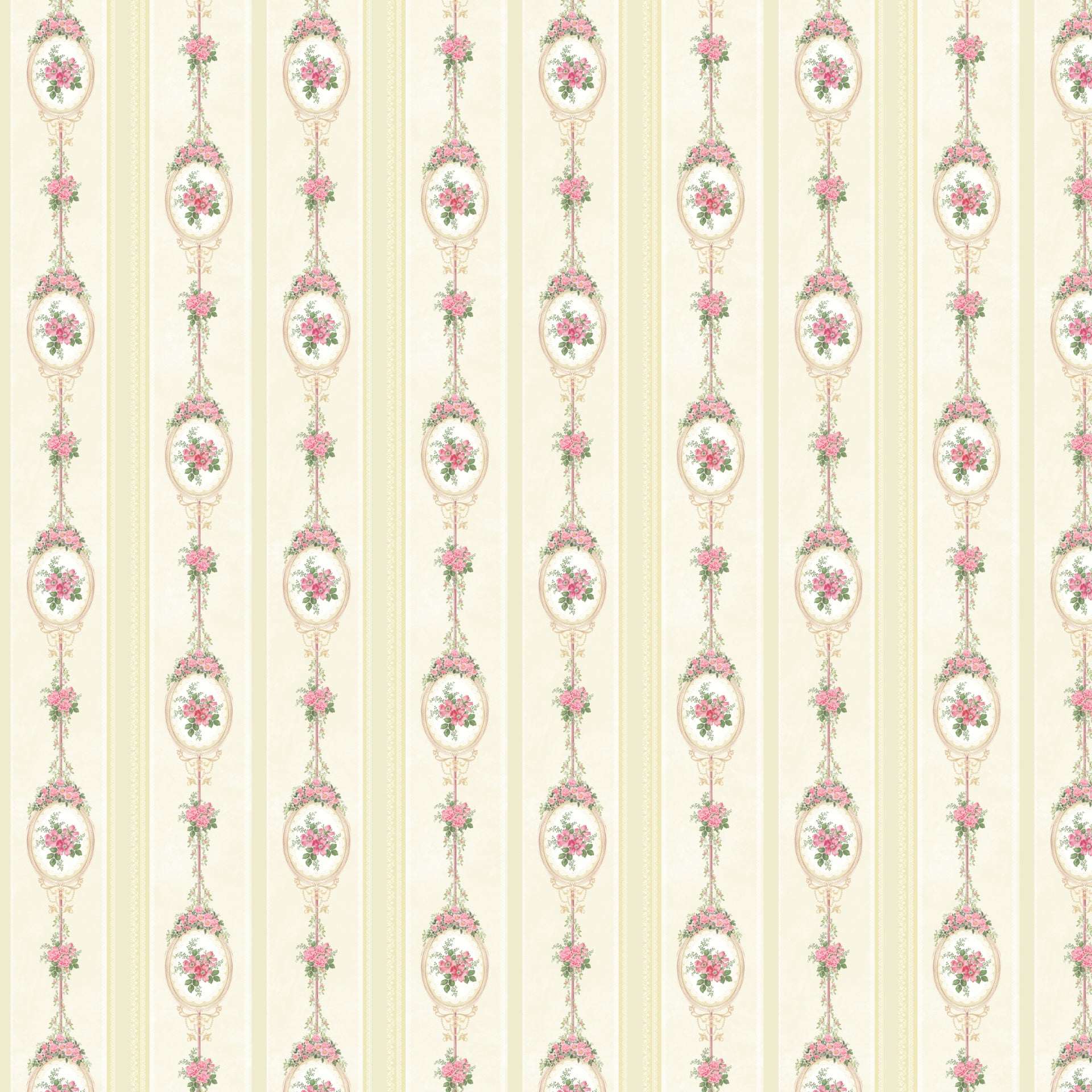 Soft Pink: Floral Wallpaper With Round Mirror Motifs
