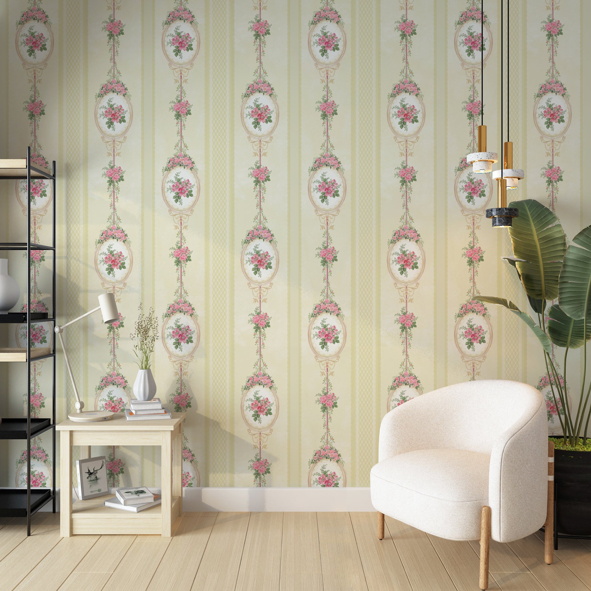 Soft Pink: Floral Wallpaper With Round Mirror Motifs