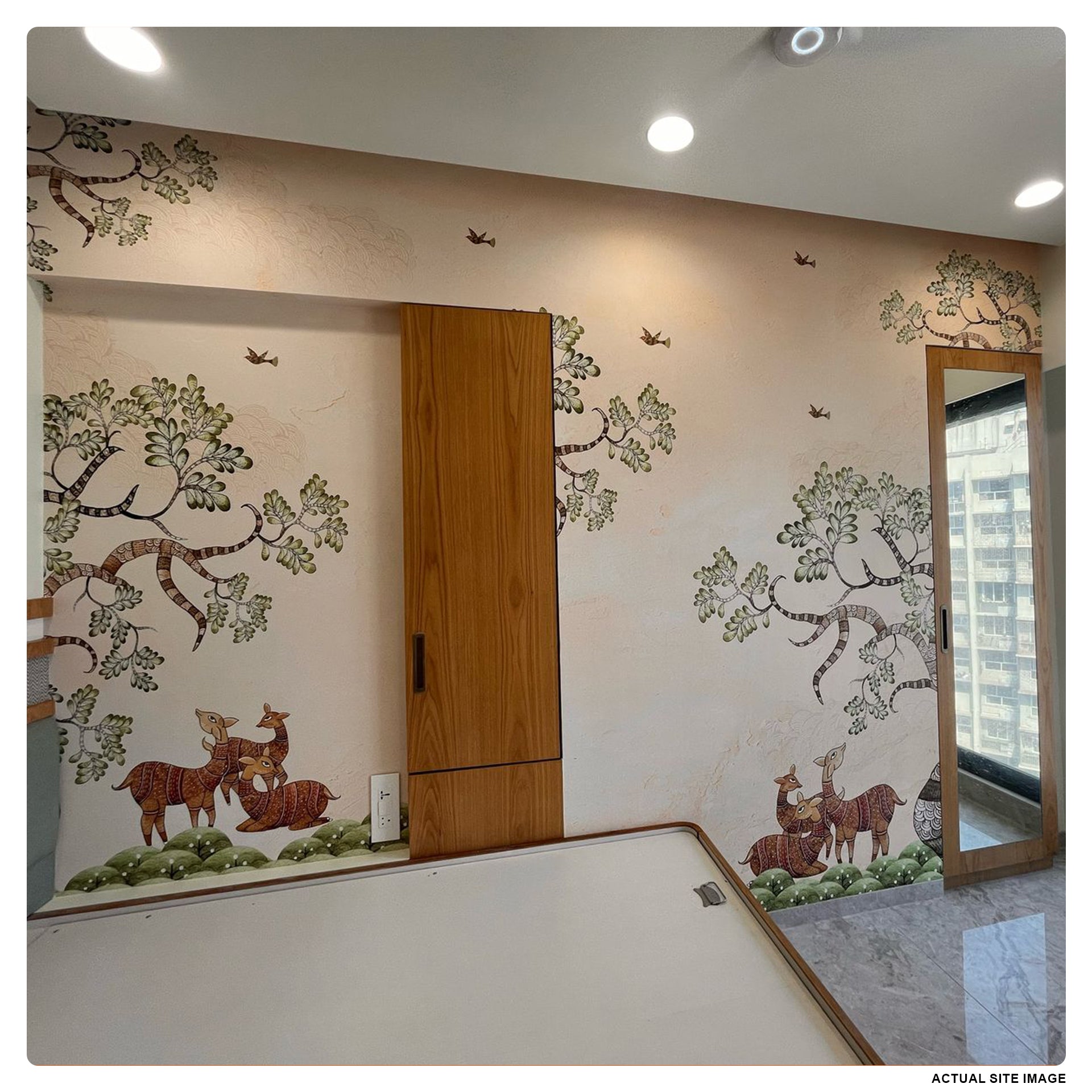 Picture Perfect-Gond art wallpaper with deers and flying birds