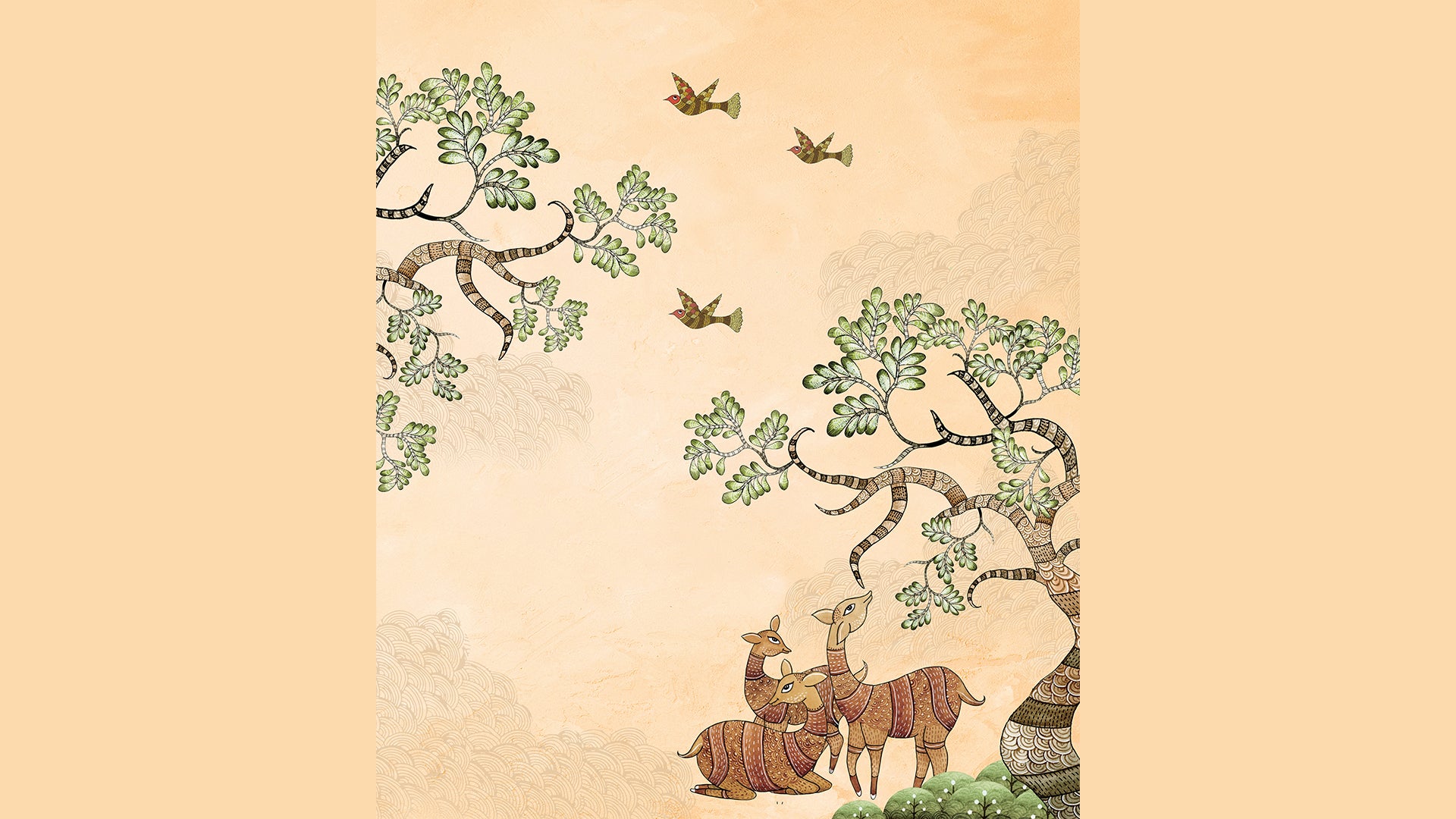 Gond art wallpaper with deers and flying birds