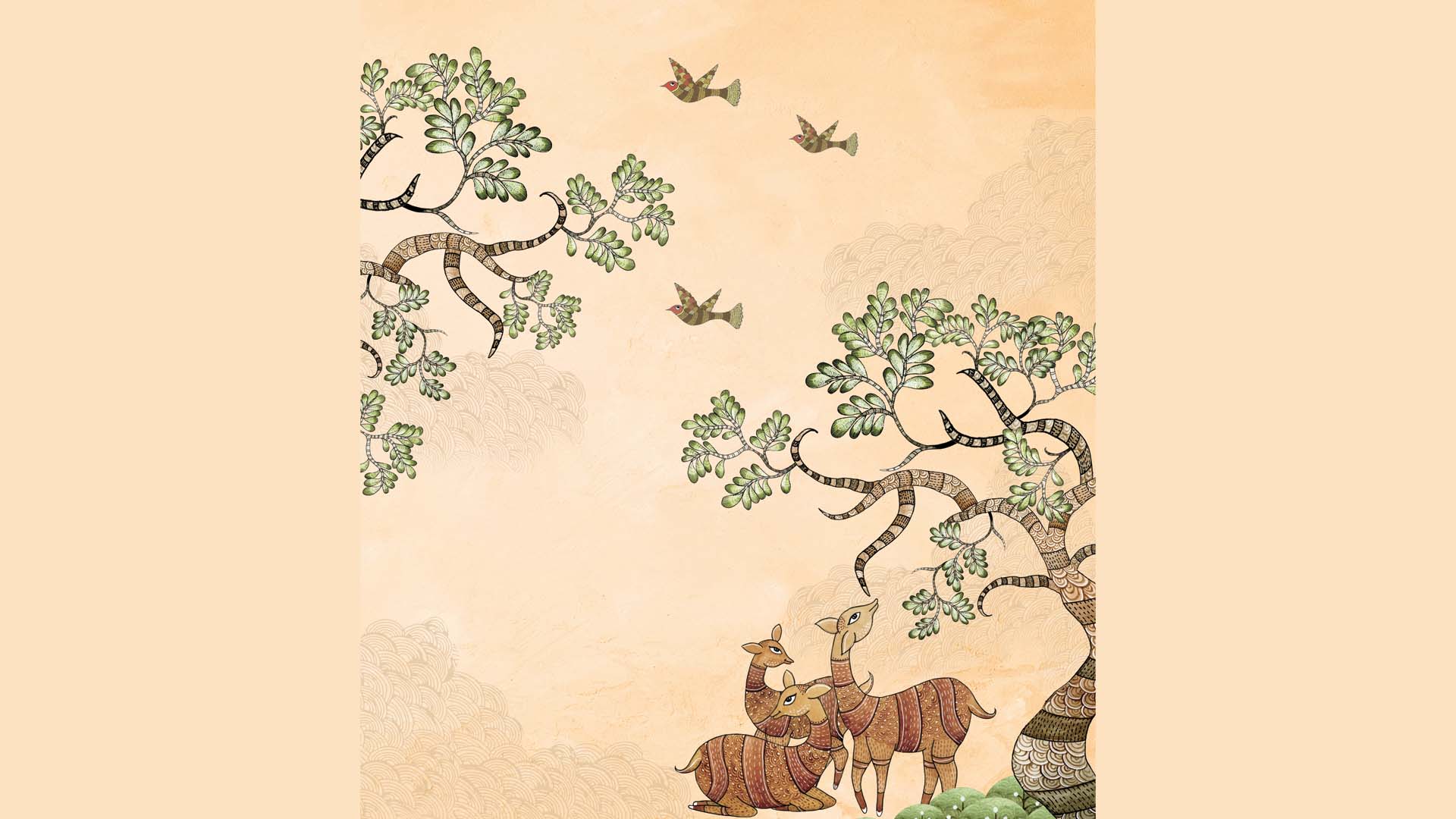 SHADE OF STILLNESS-Gond art wallpaper with deers and flying birds