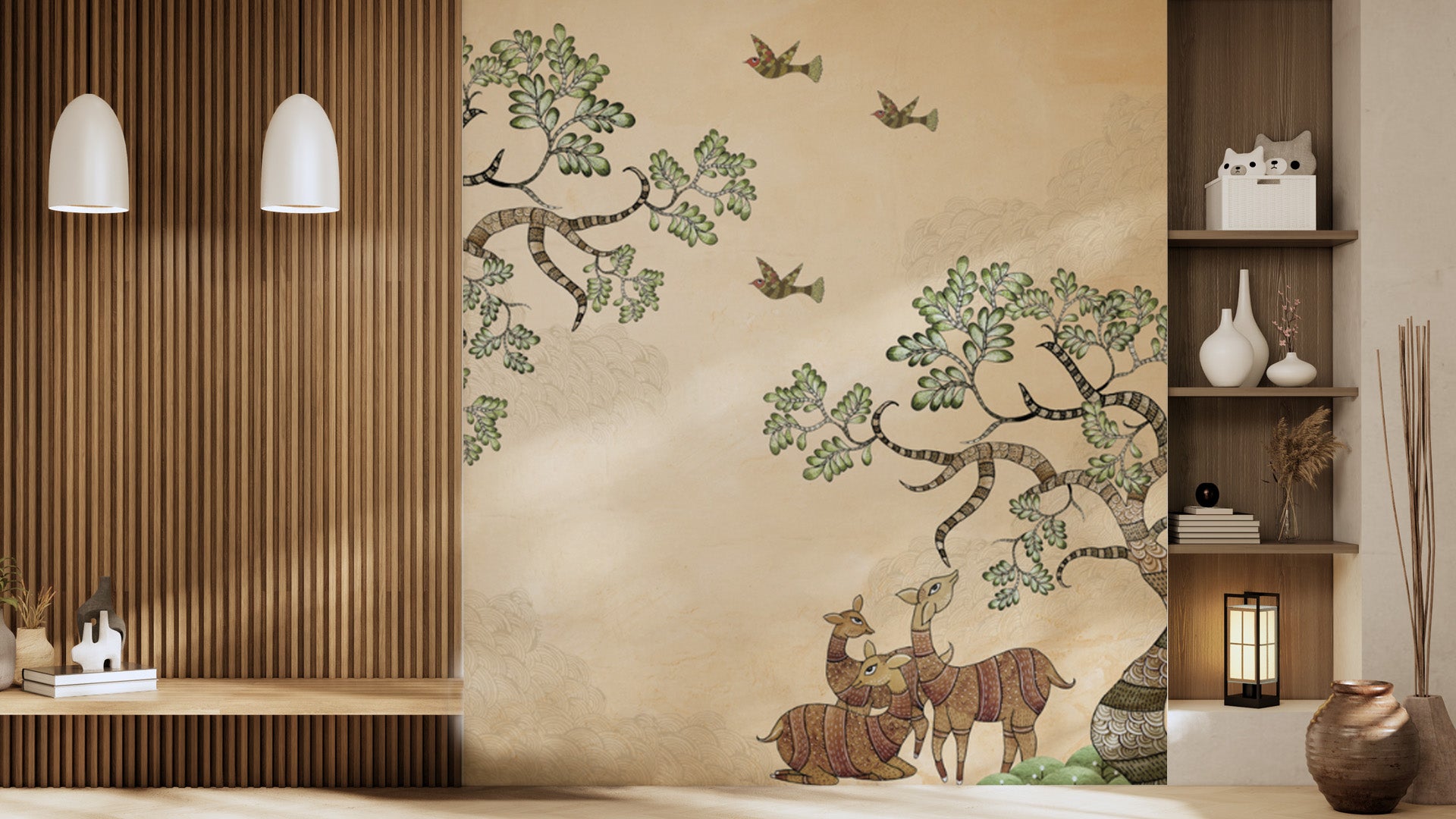 SHADE OF STILLNESS-Gond art wallpaper with deers and flying birds