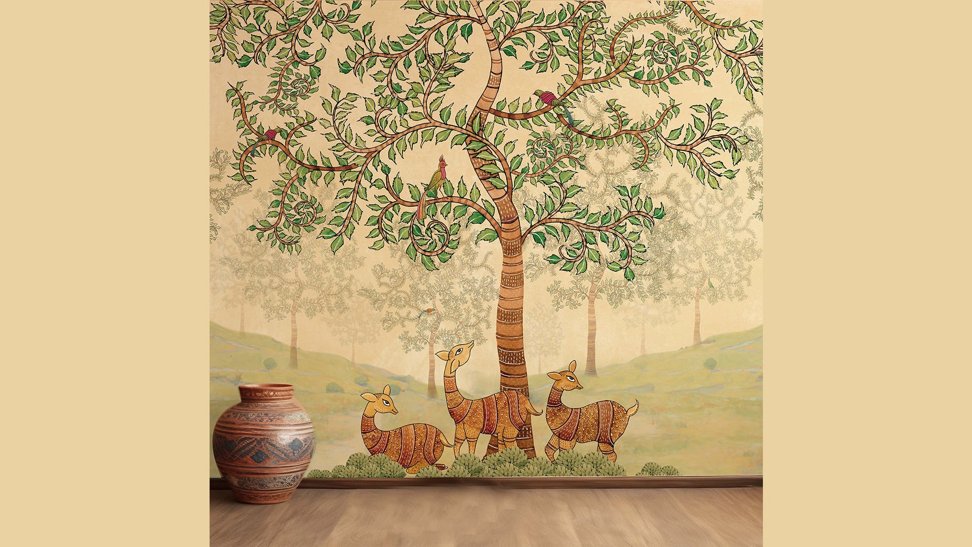 Indian gond art tree wallpaper with deer