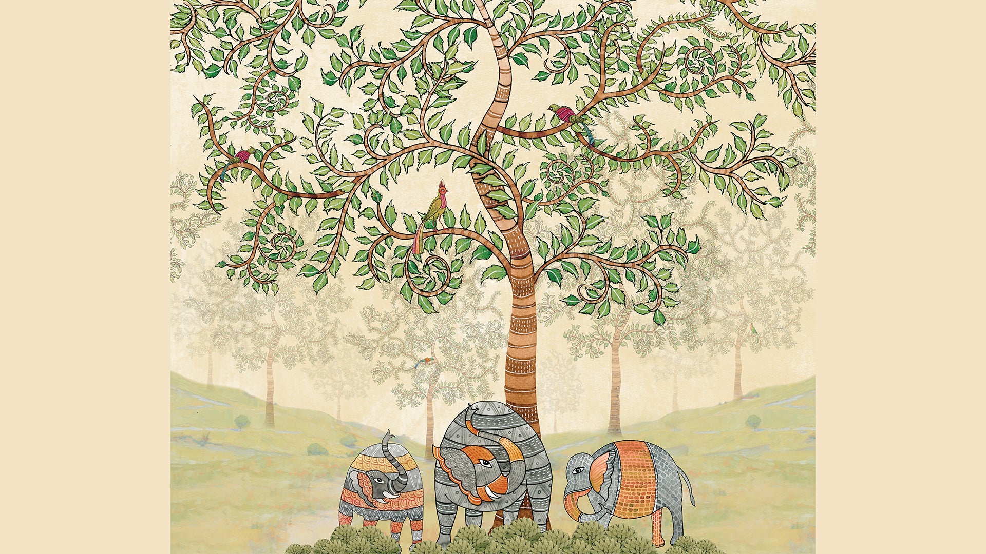 gond art tree wallpaper with birds and elephants