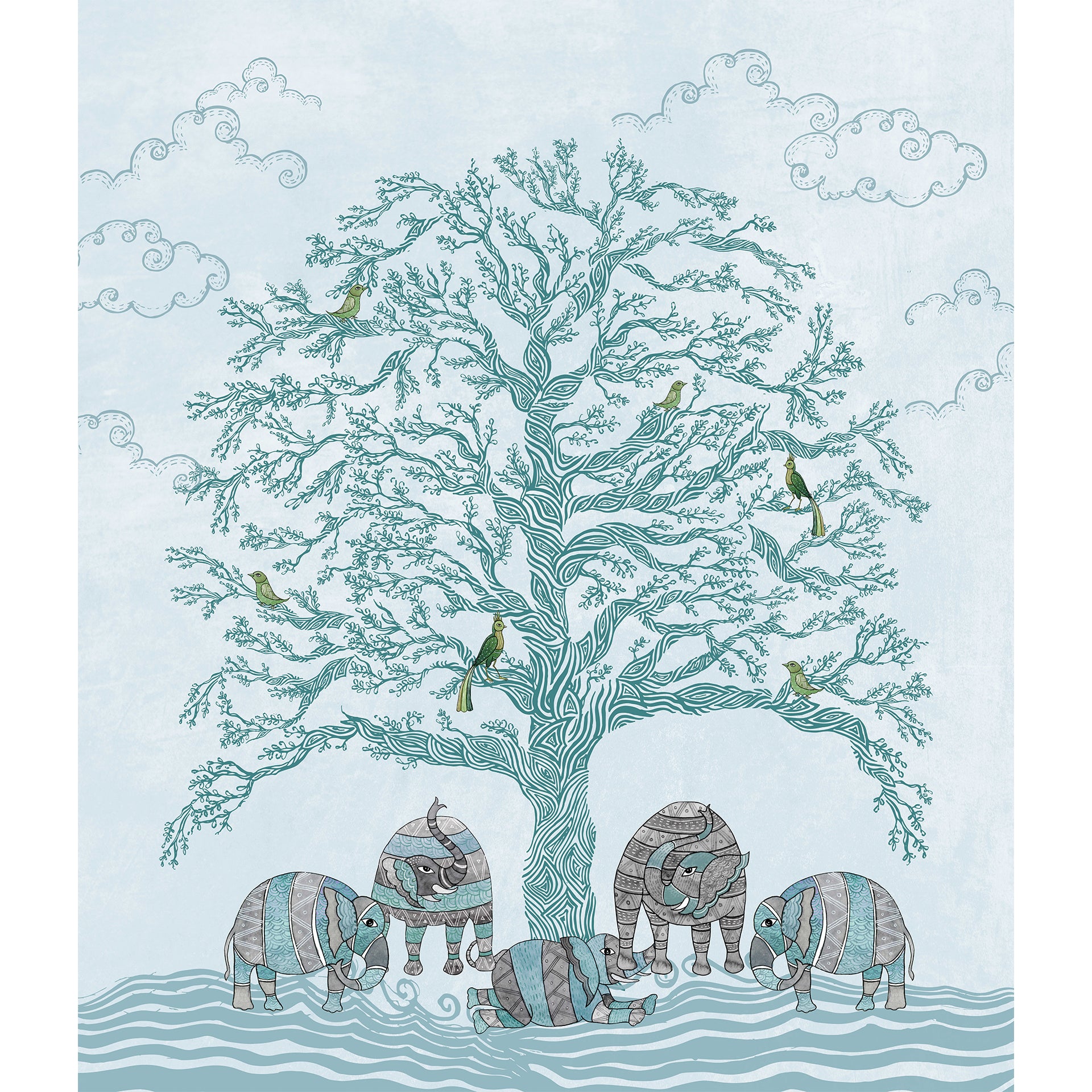 Playful elephants gond art wallpaper