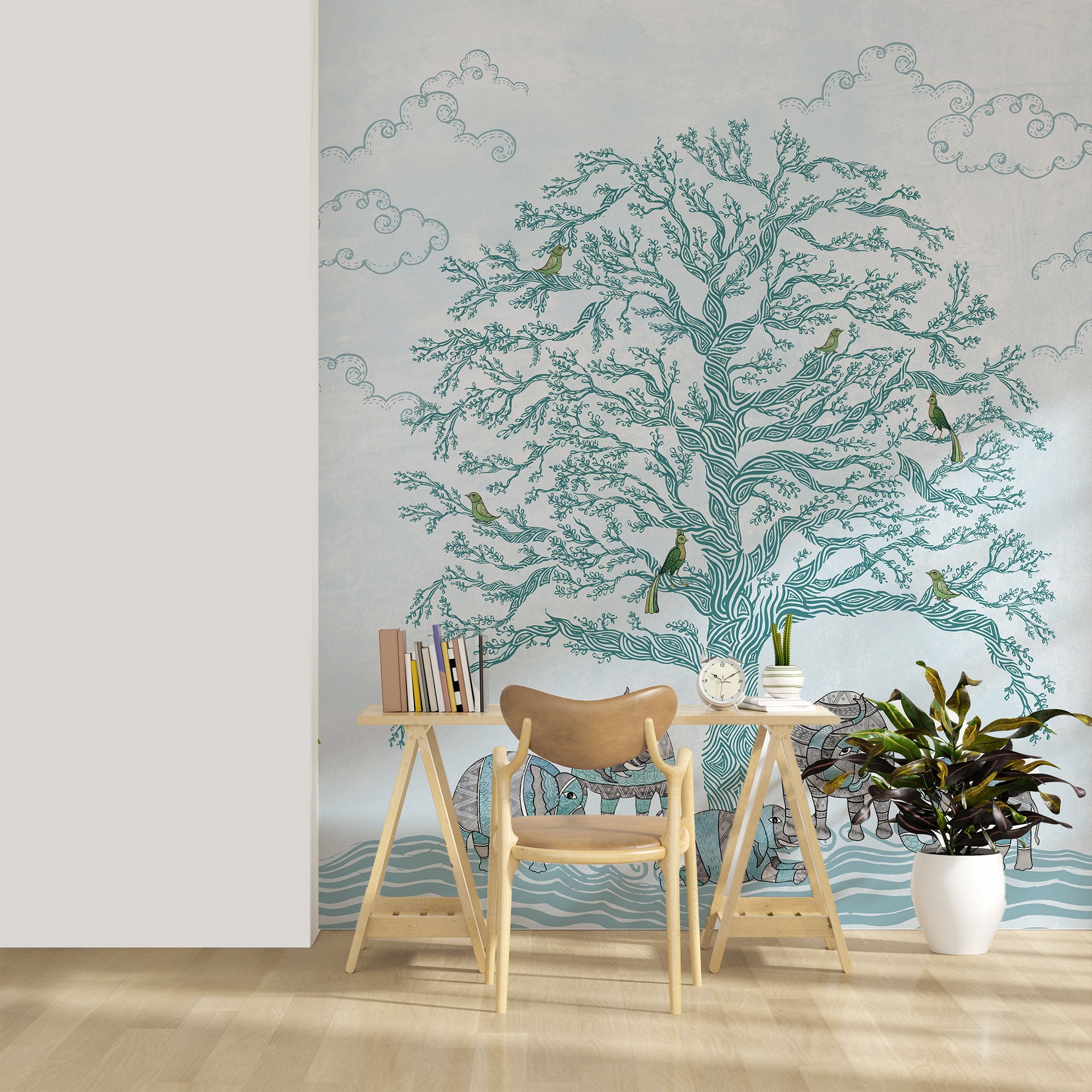 Playful elephants gond art wallpaper