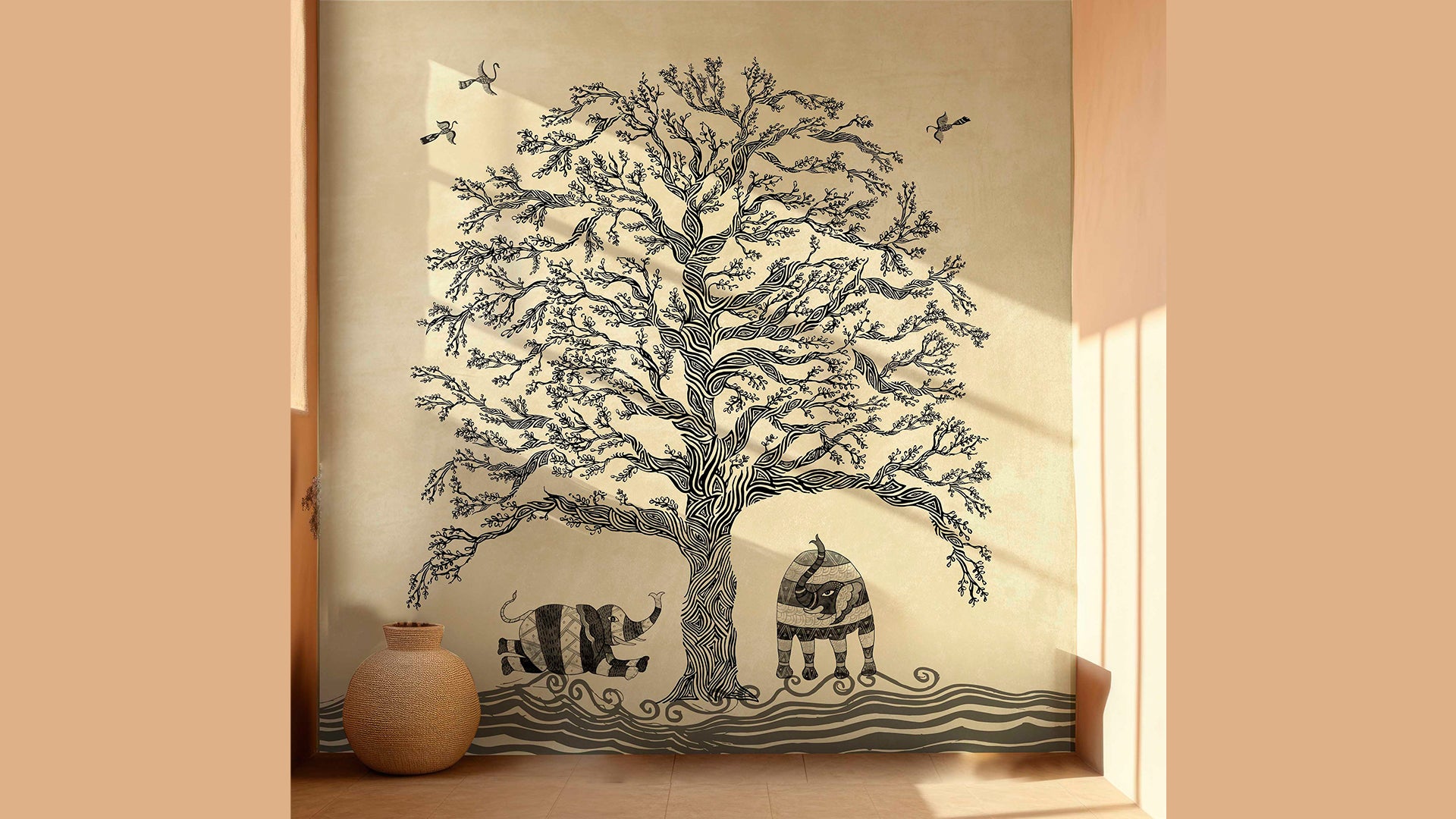 Gond tribal tree wallpaper mural with playful elephants