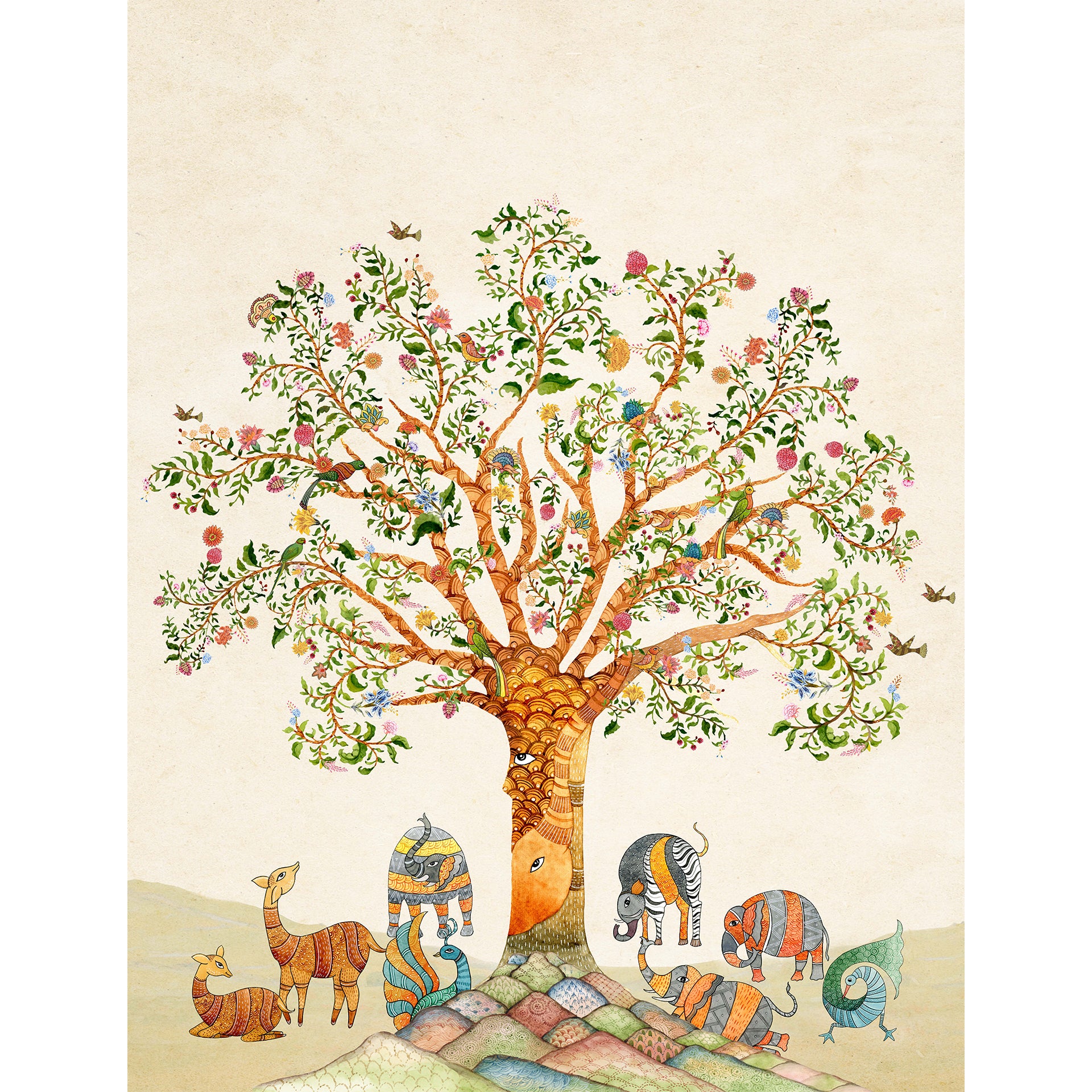 Silent Guardians-Gond art with elephants, peacock and deers
