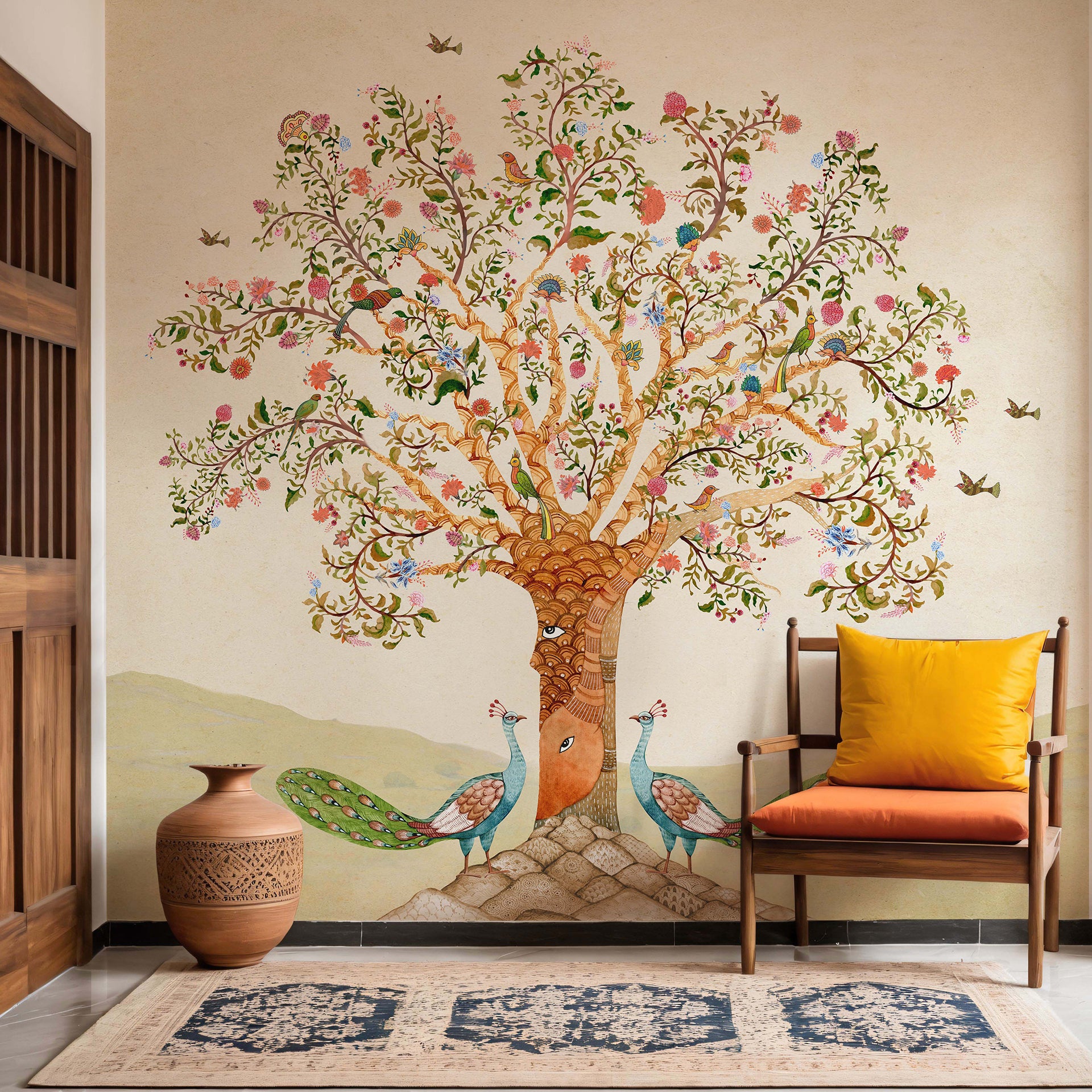 Silent Guardians-Gond art with elephants, peacock and deers