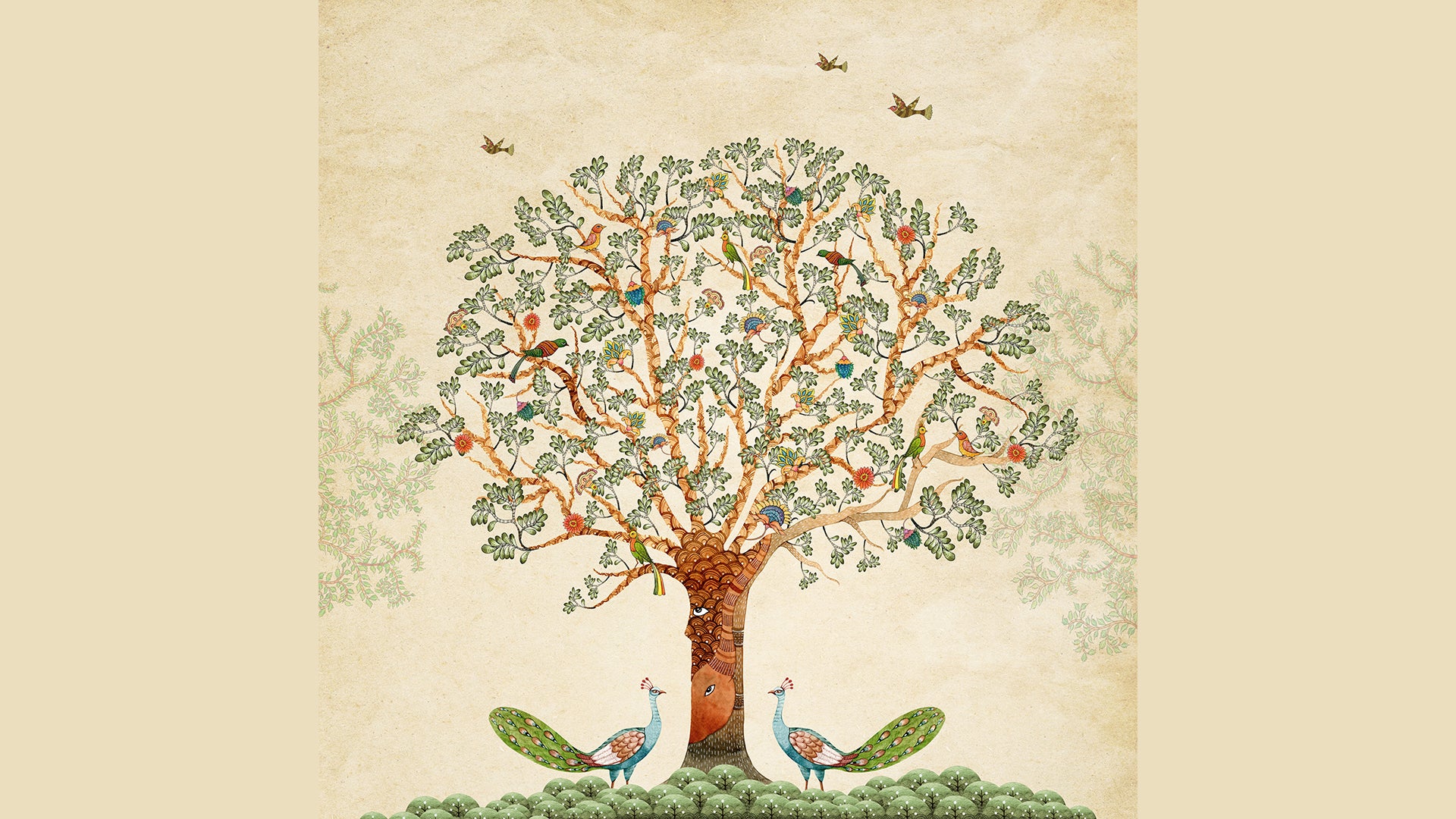 Tribal Gond Art Wallpaper with Peacock