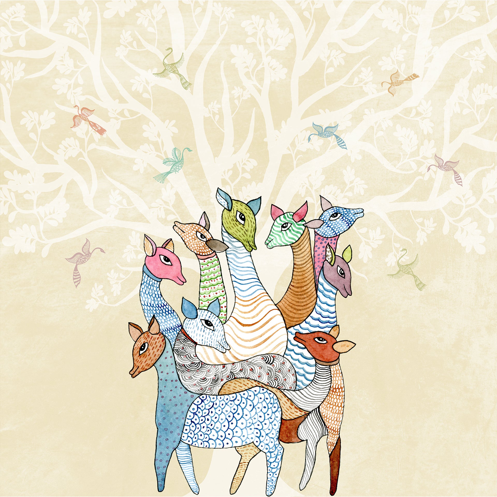 Whispering Herd Color-Deers gond art wallpaper mural