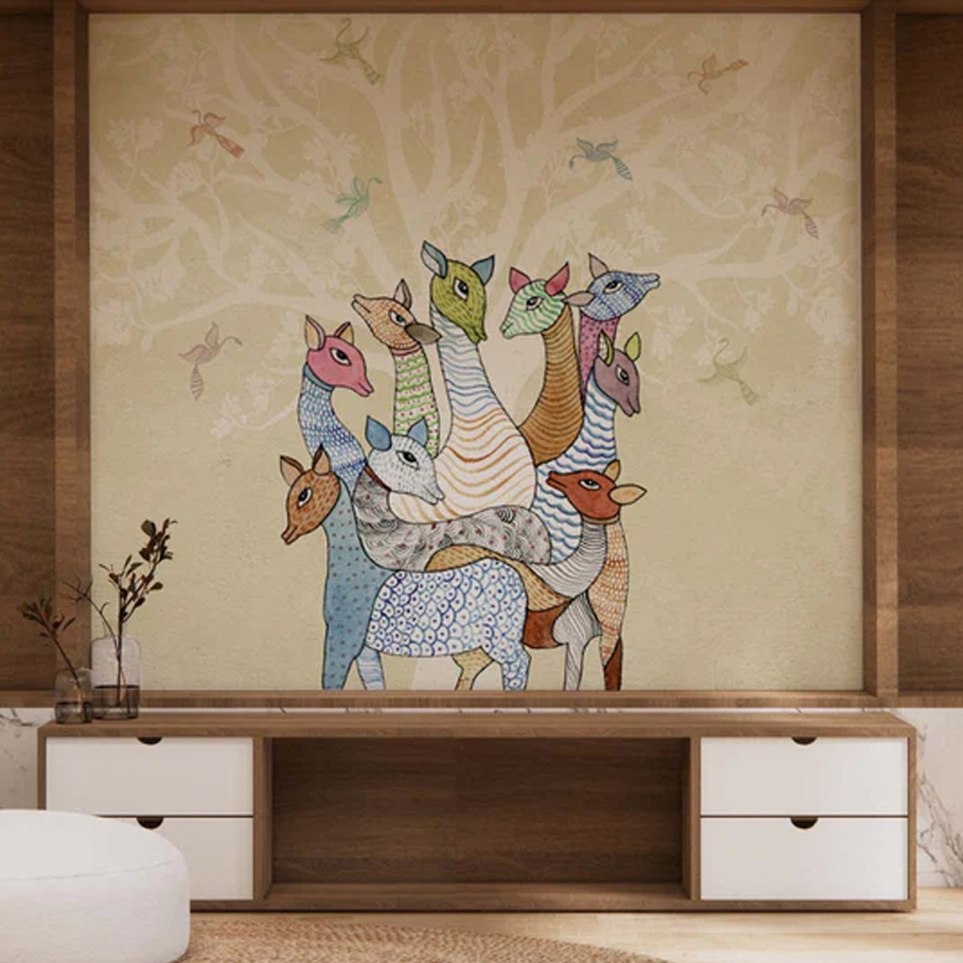 Whispering Herd Color-Deers gond art wallpaper mural
