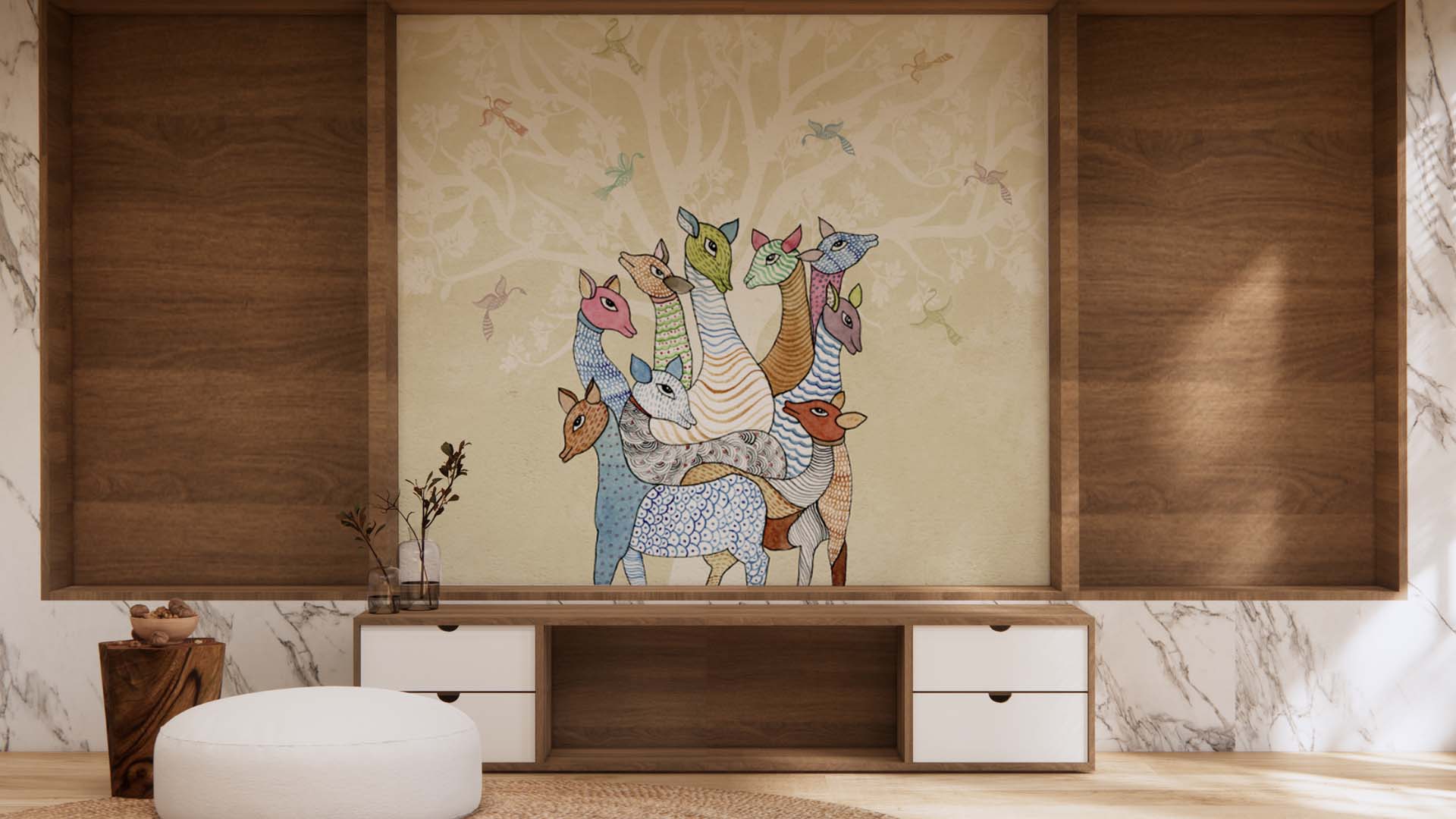 Deers gond art wallpaper mural