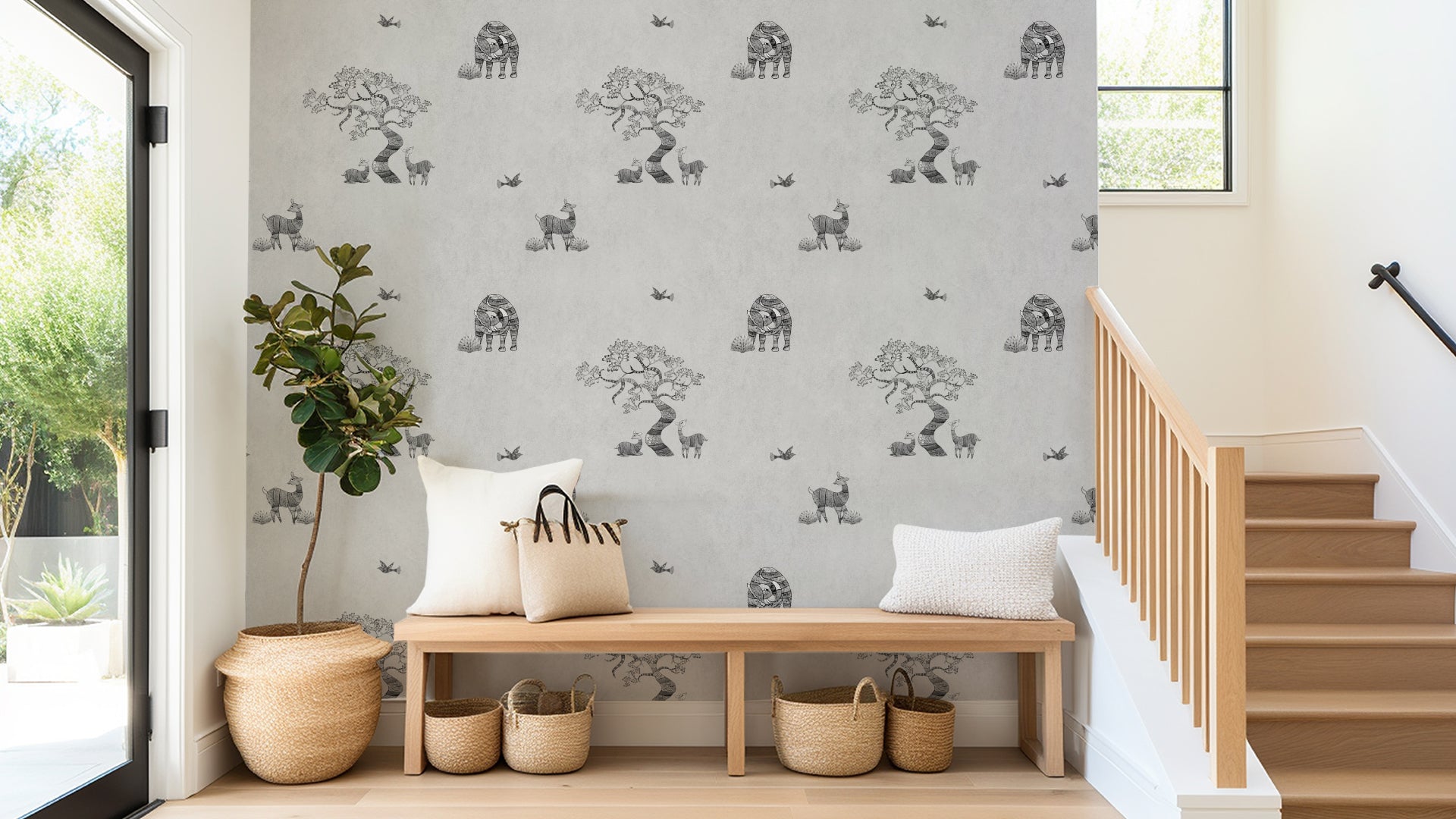 Gond Art Wallpaper Mural  with elephants and deers