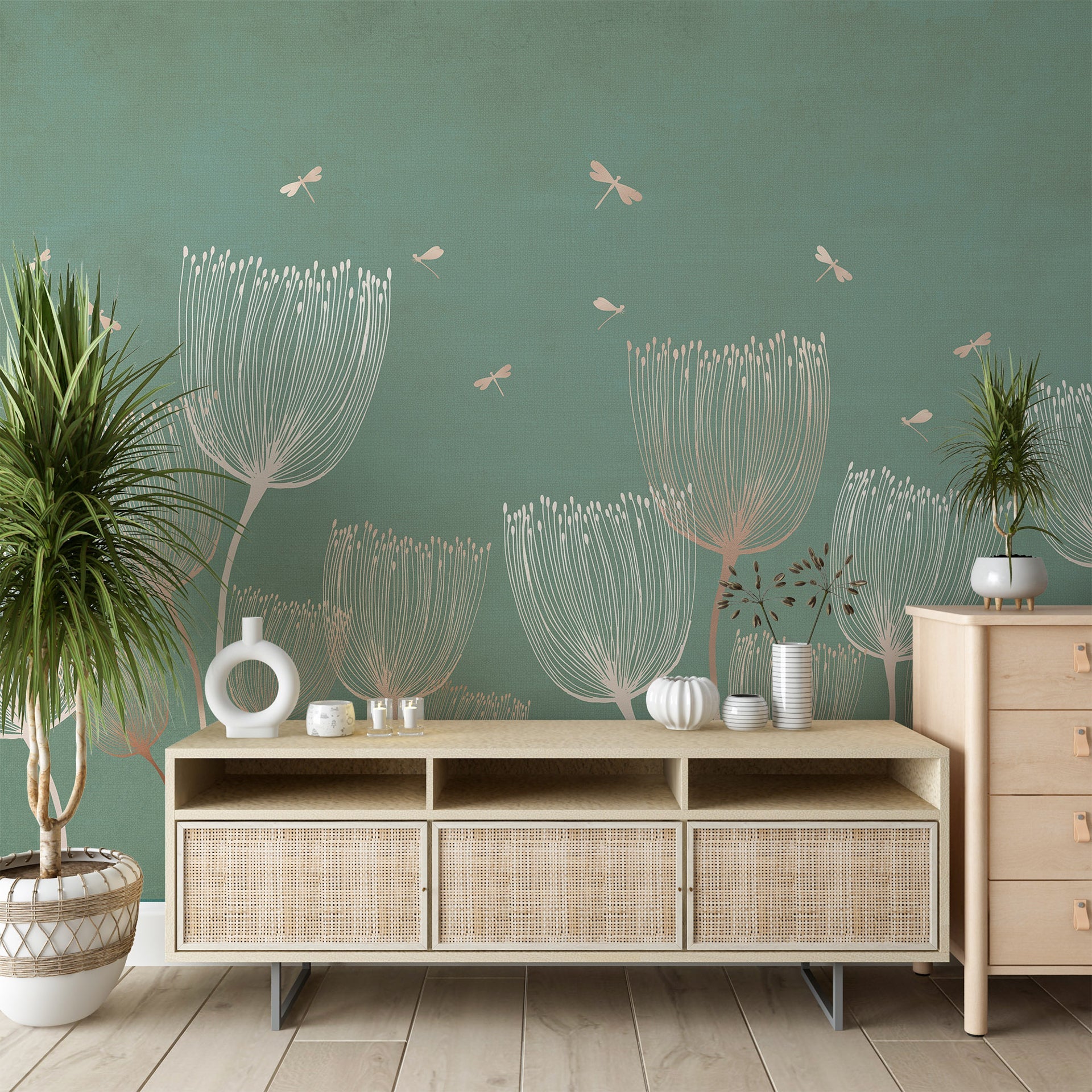 Abstract Florals - Line art abstract wallpaper with Flowers and Dragonflies-sample