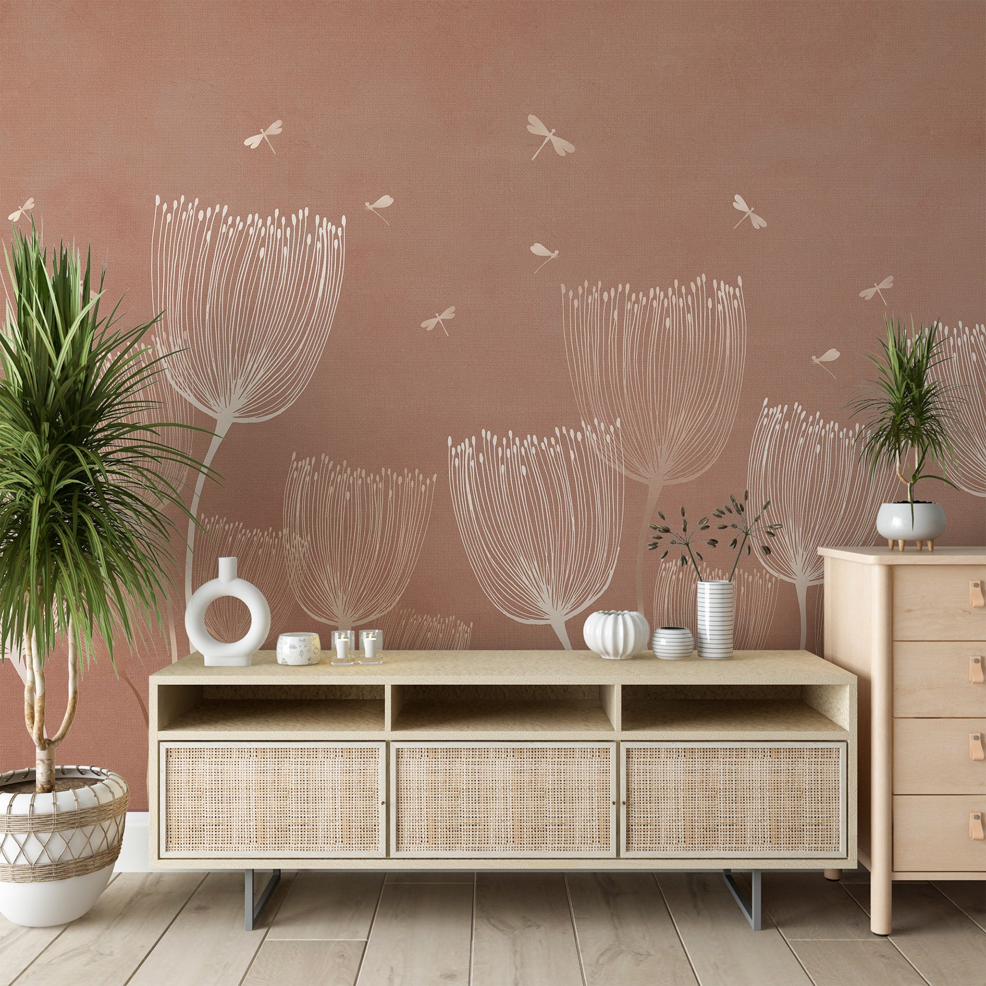 Abstract Florals - Line art abstract wallpaper with Flowers and Dragonflies-sample