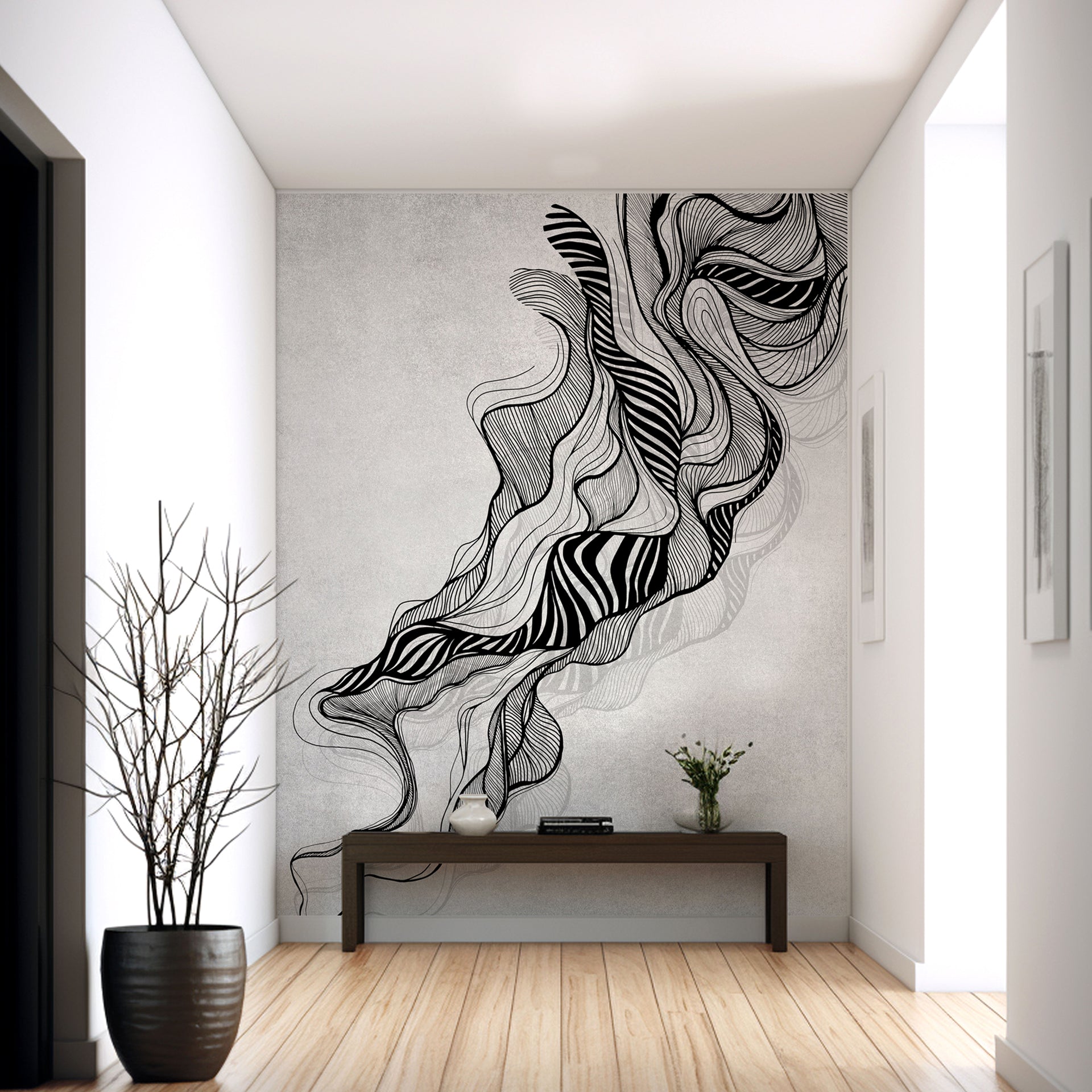 Zebra Waves: Monochrome Abstract Wallpaper Flowing, Hand-Drawn Lines With Zebra-Like Accents