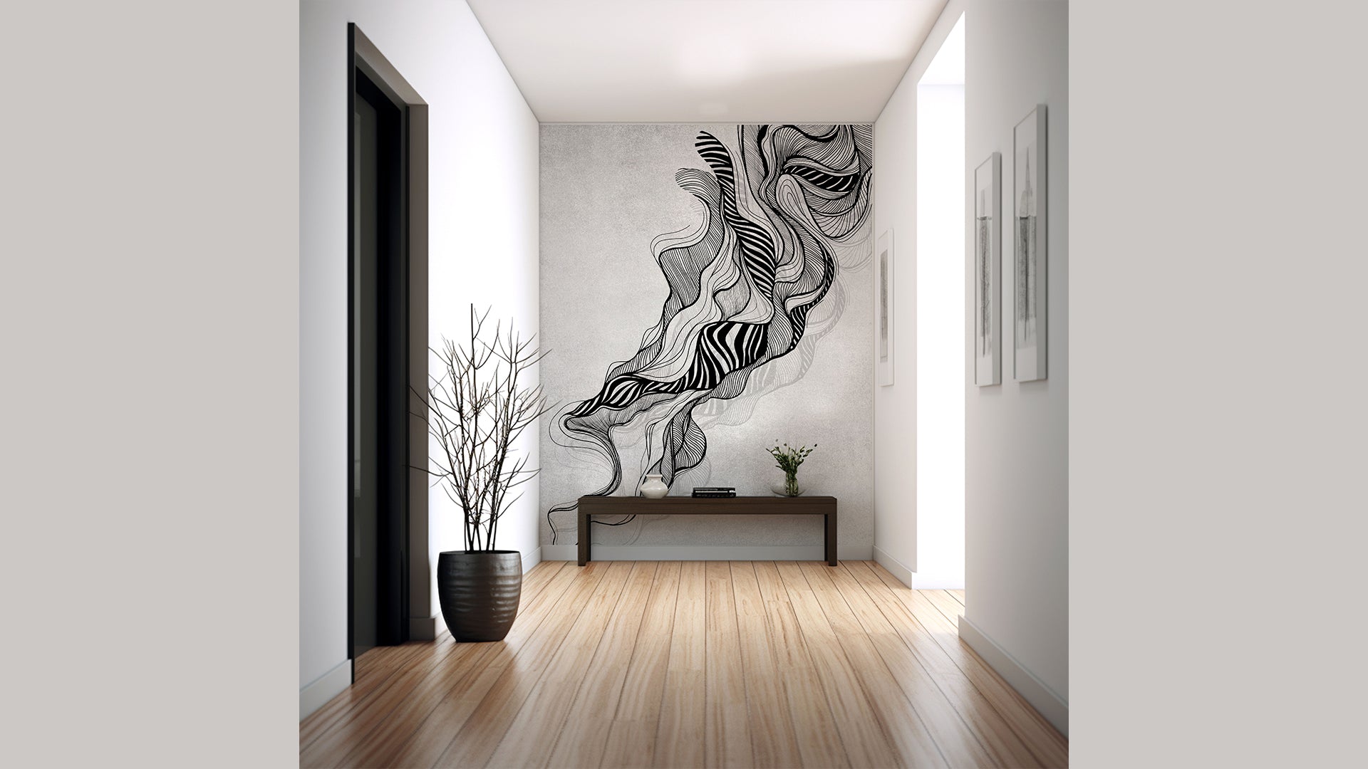 3D Abstract waves wallpaper with black and white lines