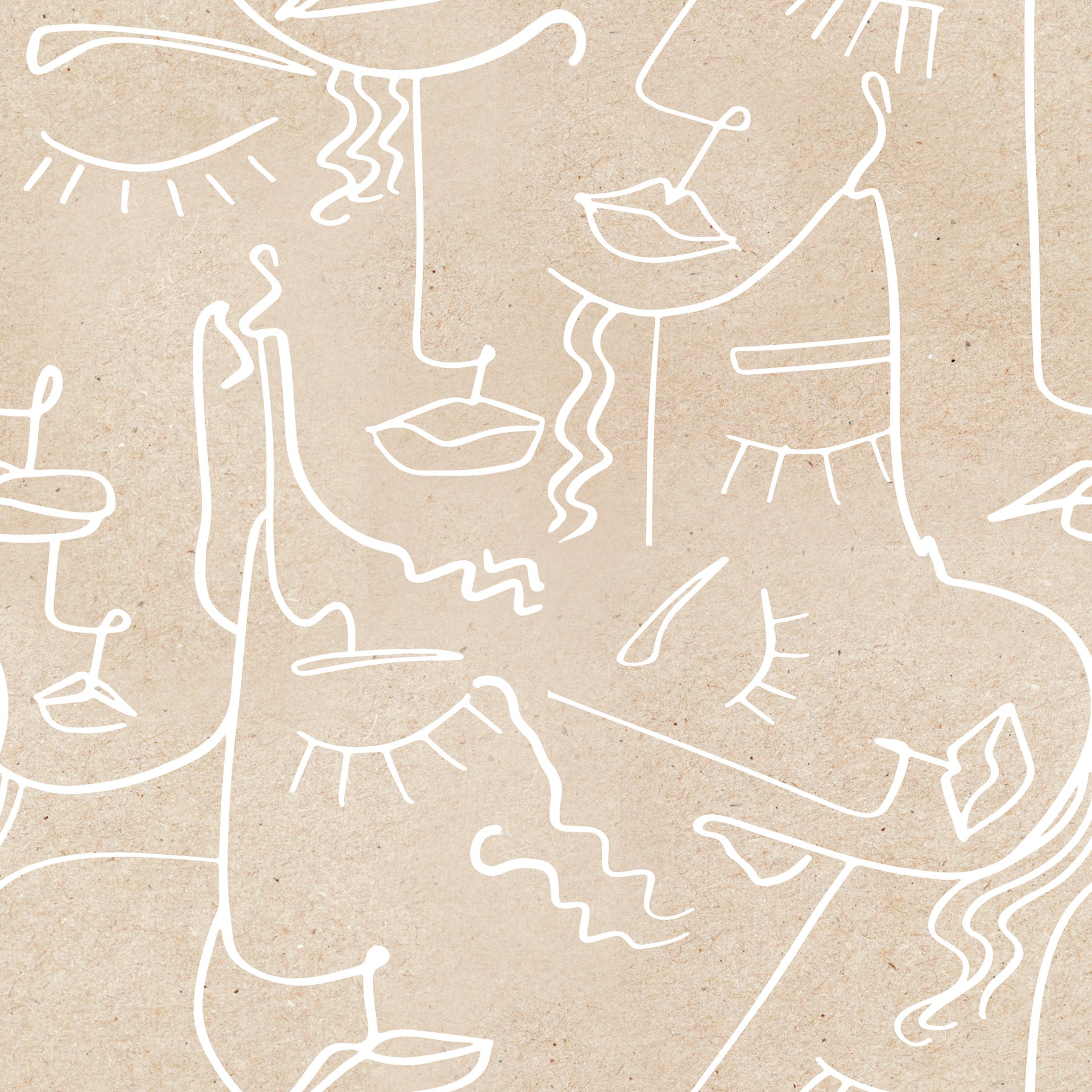 Faces: Beige Abstract Faces Line Art Wallpaper