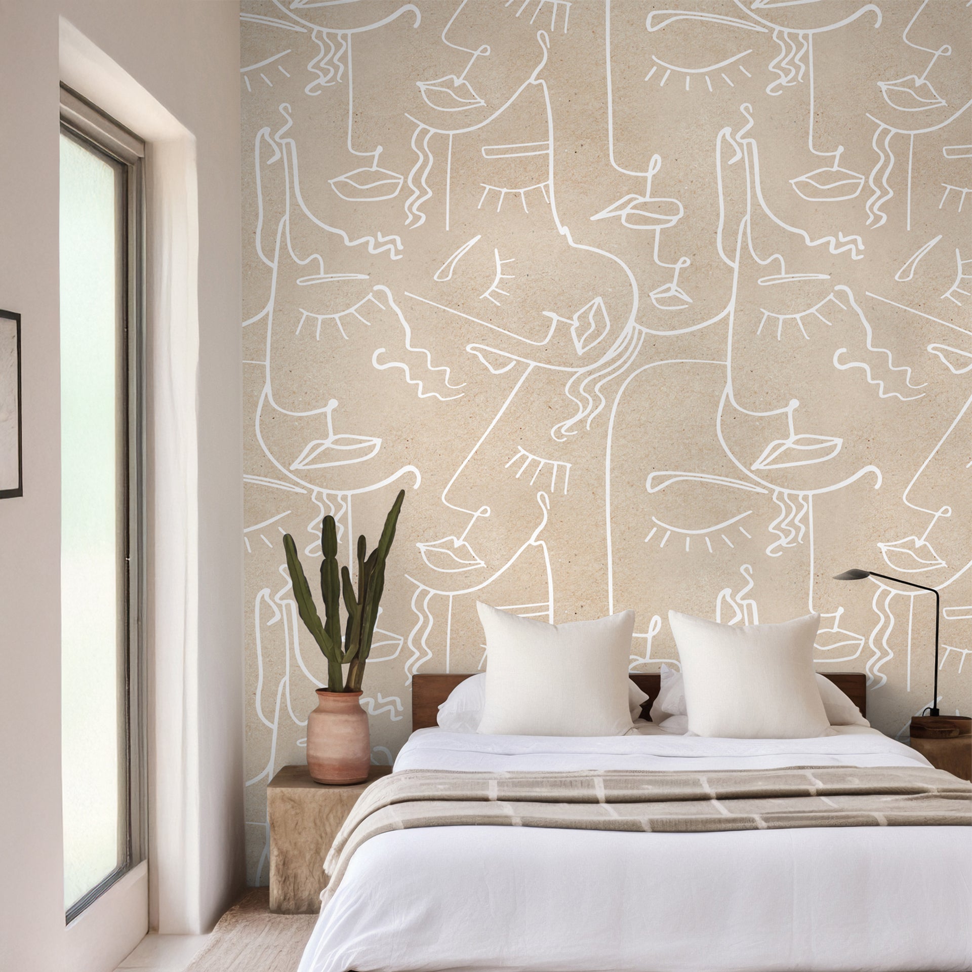 Faces: Beige Abstract Faces Line Art Wallpaper