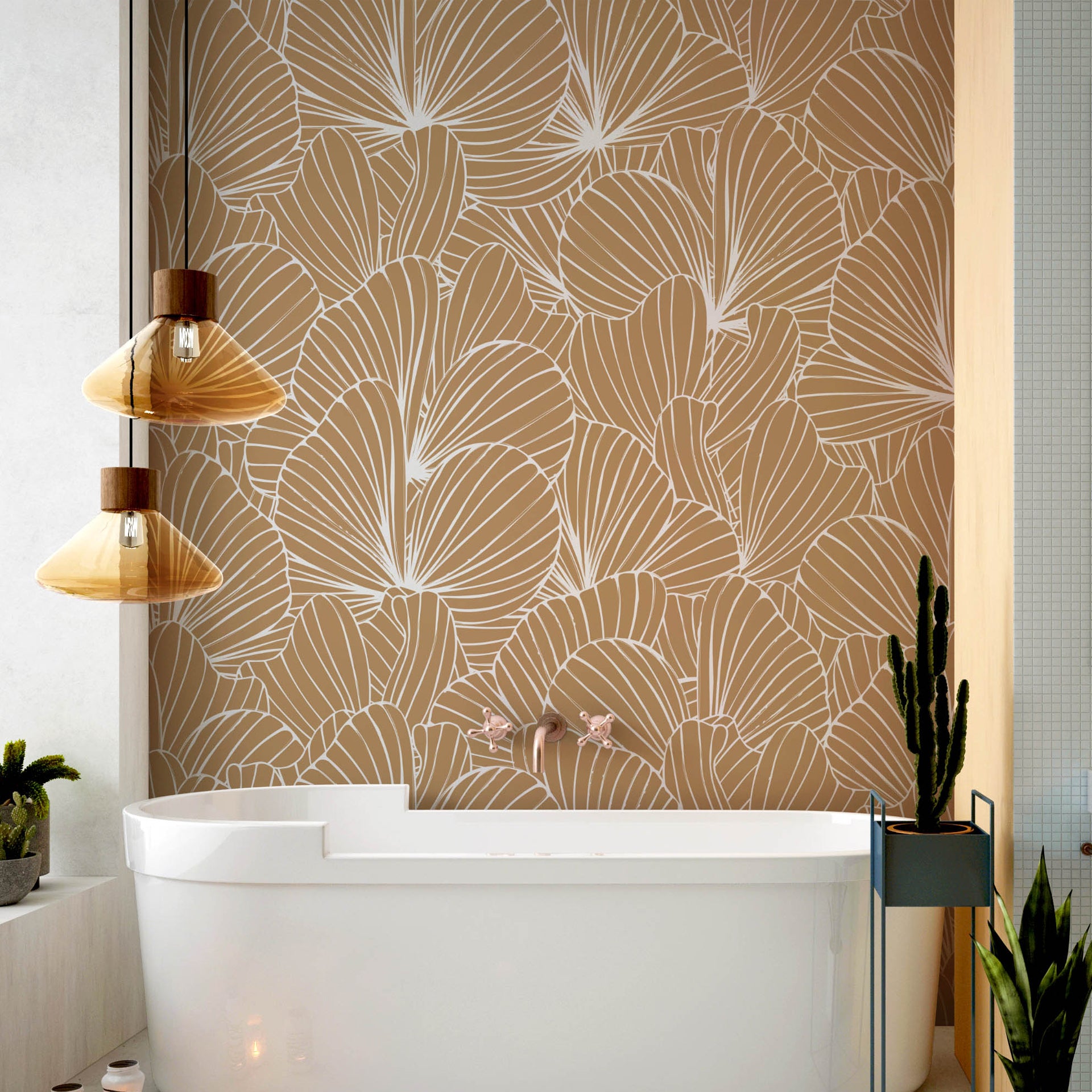 Tan Flora: Contemporary Wallpaper Featuring An Overlapping Fan-Leaf Pattern Offering An Organic, Rhythmic Flow Perfect For Modern Interiors
