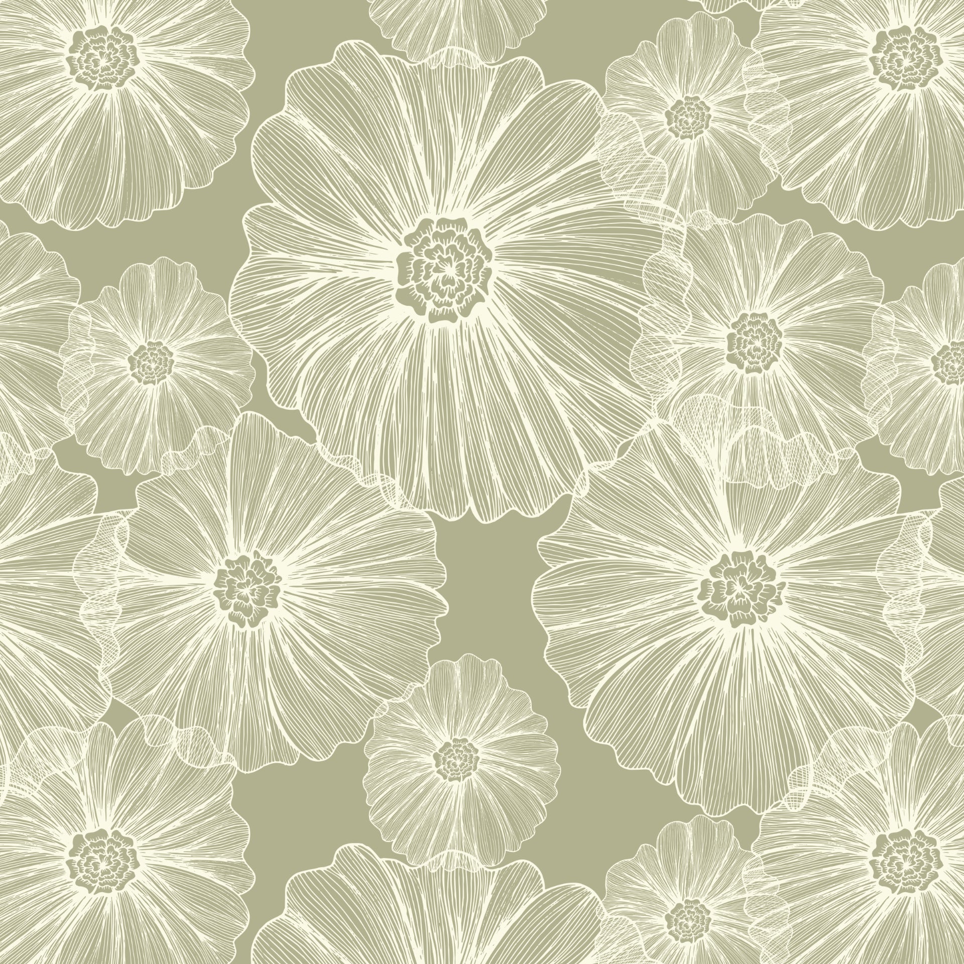 Delicate Floral: Wallpaper Featuring Intricately Sketched White Blossoms On A Muted Sage Green Background, Offering A Fresh Yet Timeless Botanical Feel