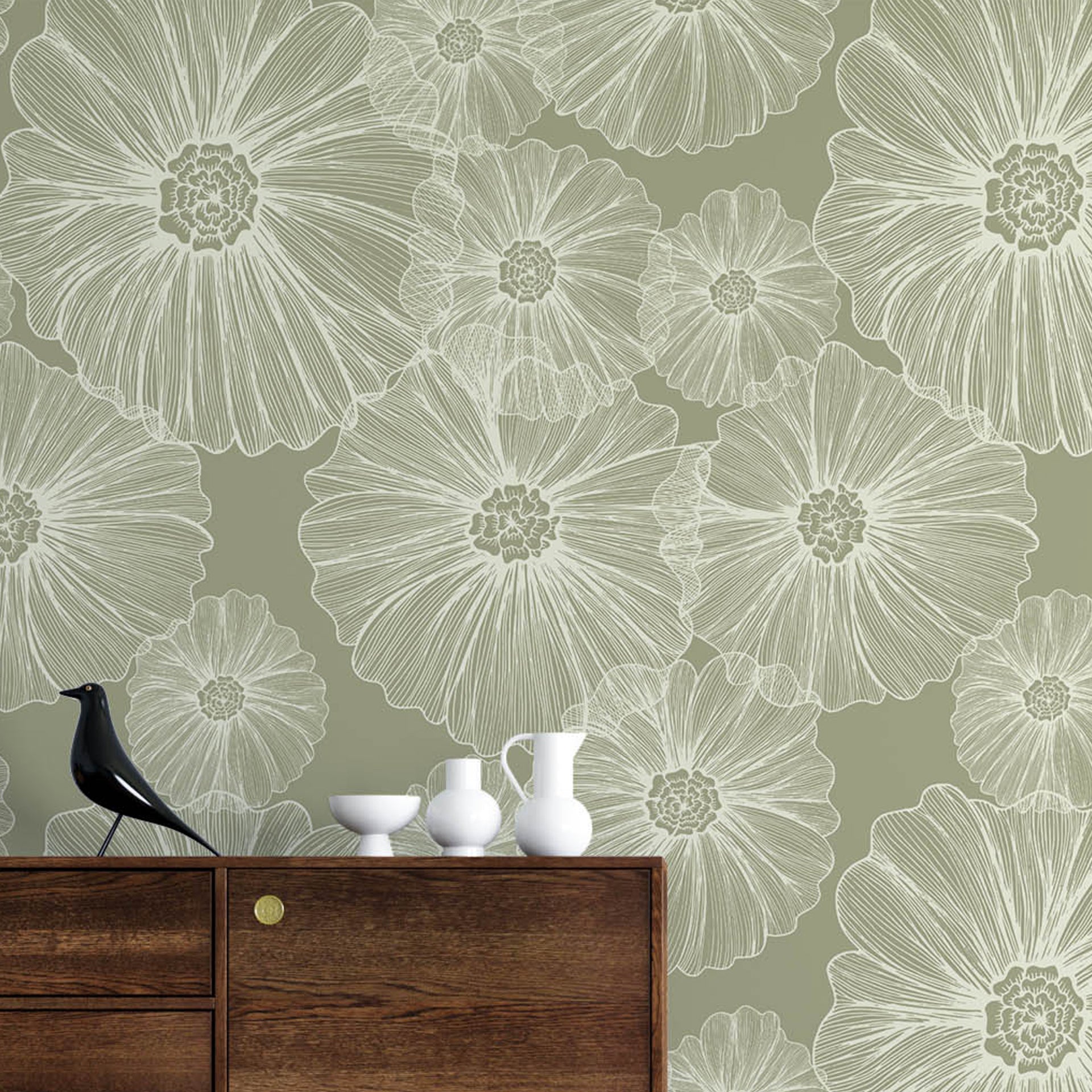 Delicate Floral: Wallpaper Featuring Intricately Sketched White Blossoms On A Muted Sage Green Background, Offering A Fresh Yet Timeless Botanical Feel