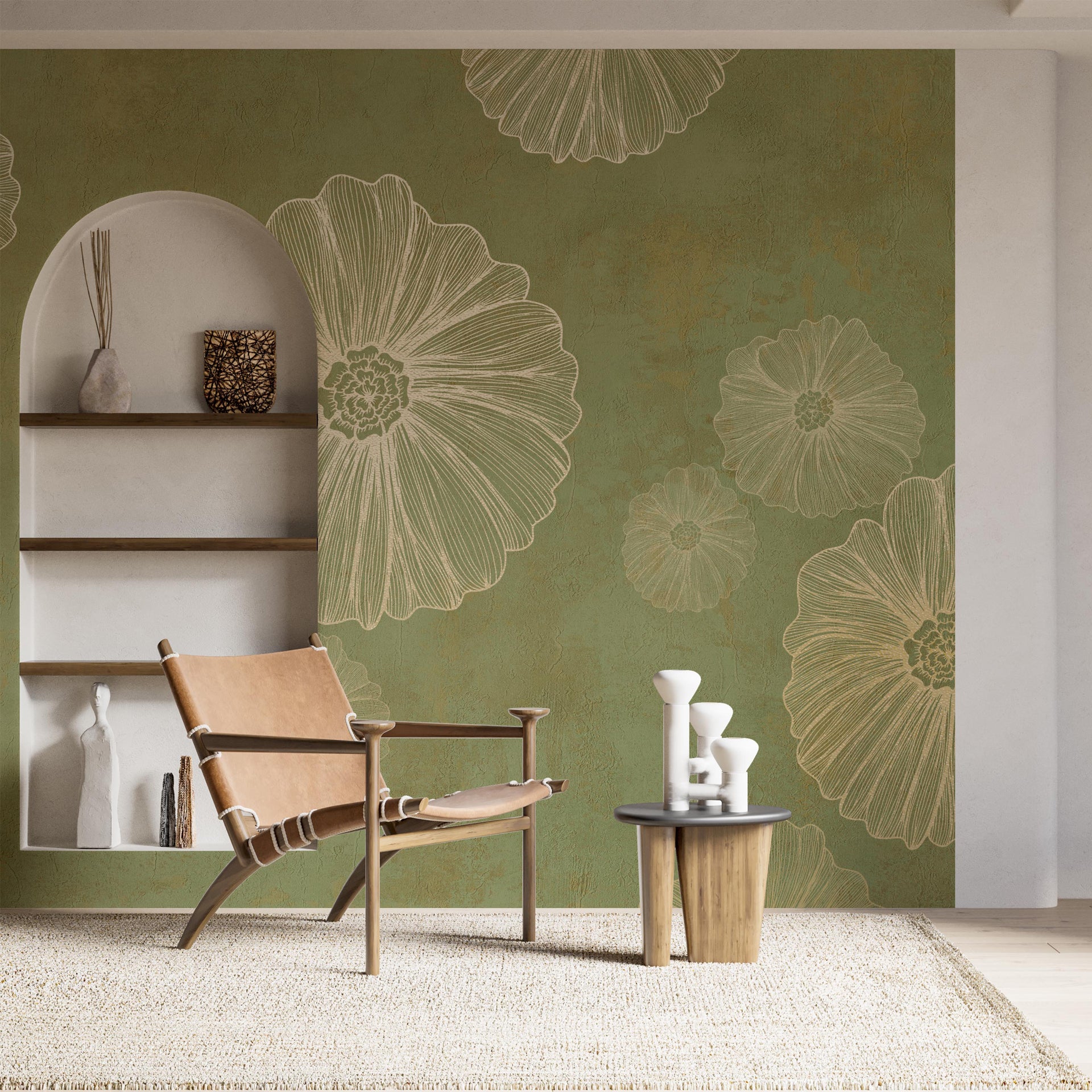 Elegant Green:  Wallpaper With Large, Hand-Drawn Floral Motifs In Soft Neutral Tones