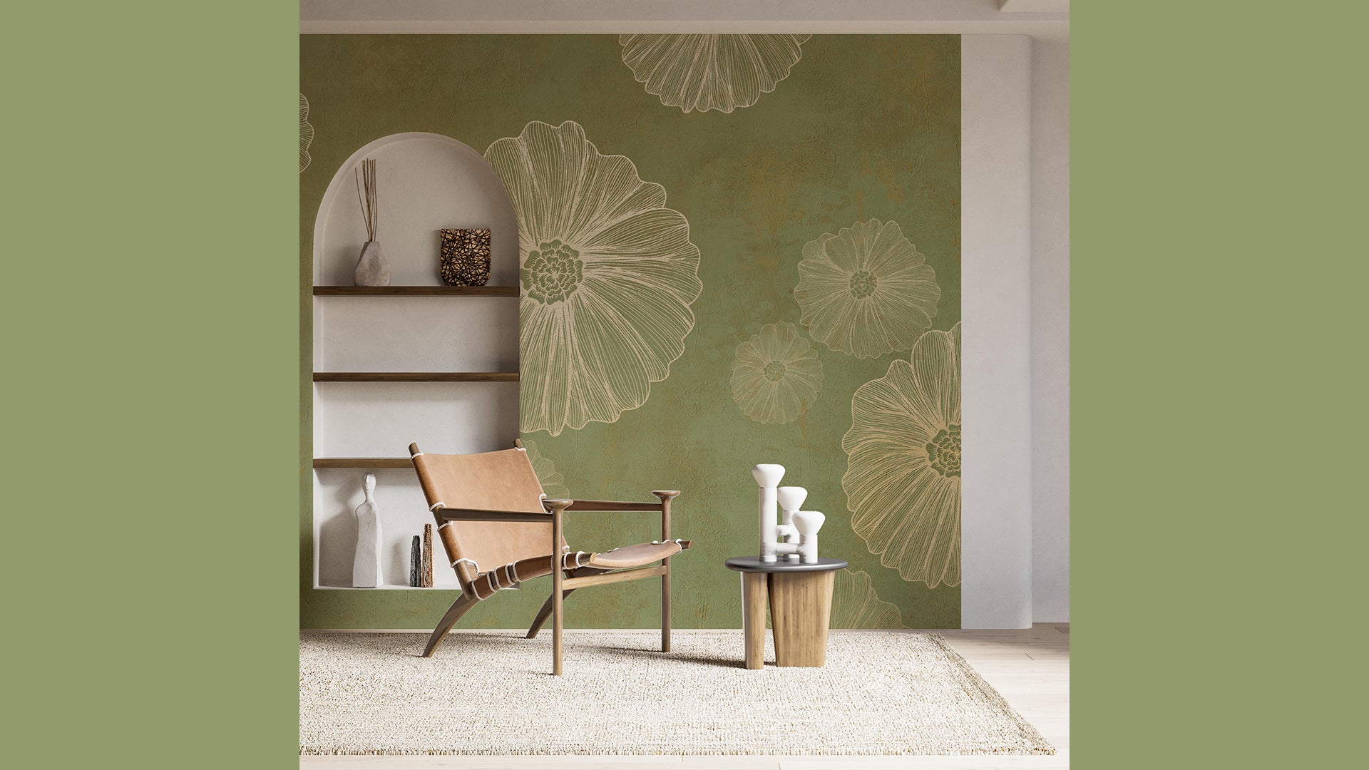 Line art floral Wallpaper With Rustic Green background