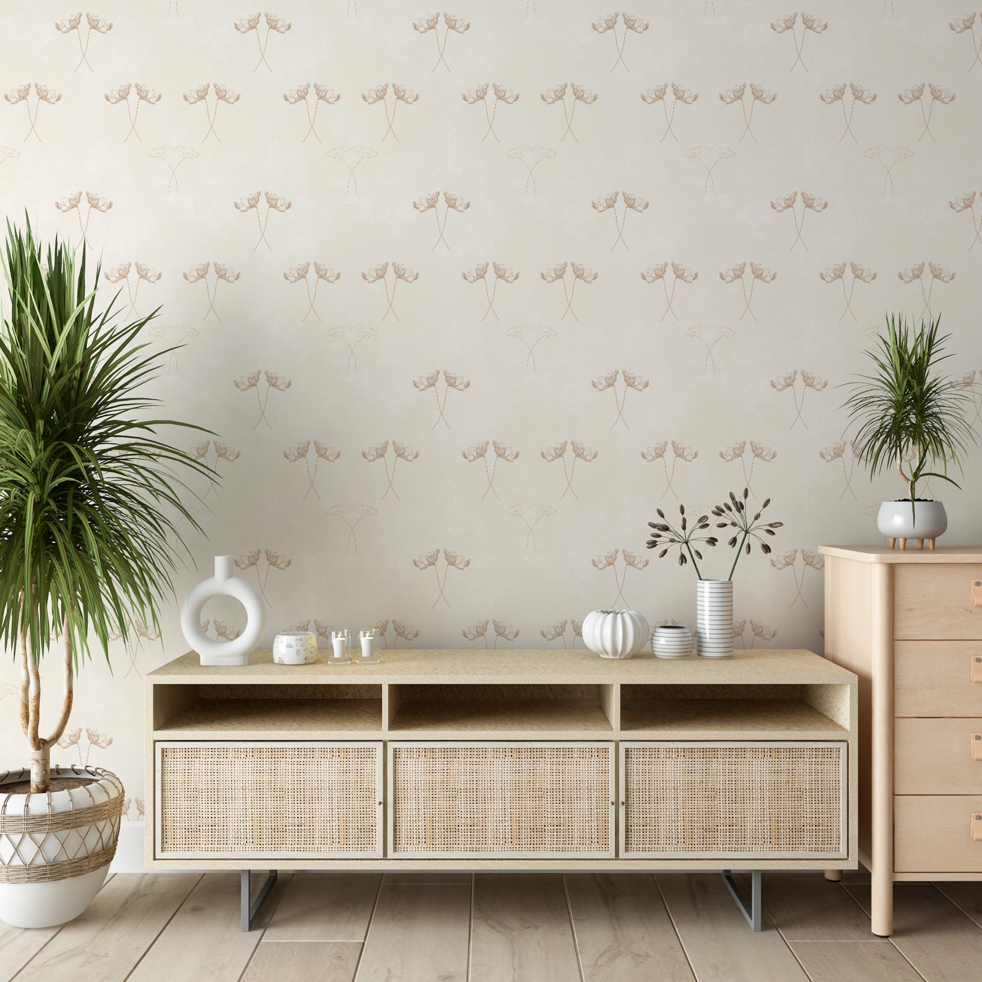 Minimalist Abstract: Floral Line Art Wallpaper In Beige Tones