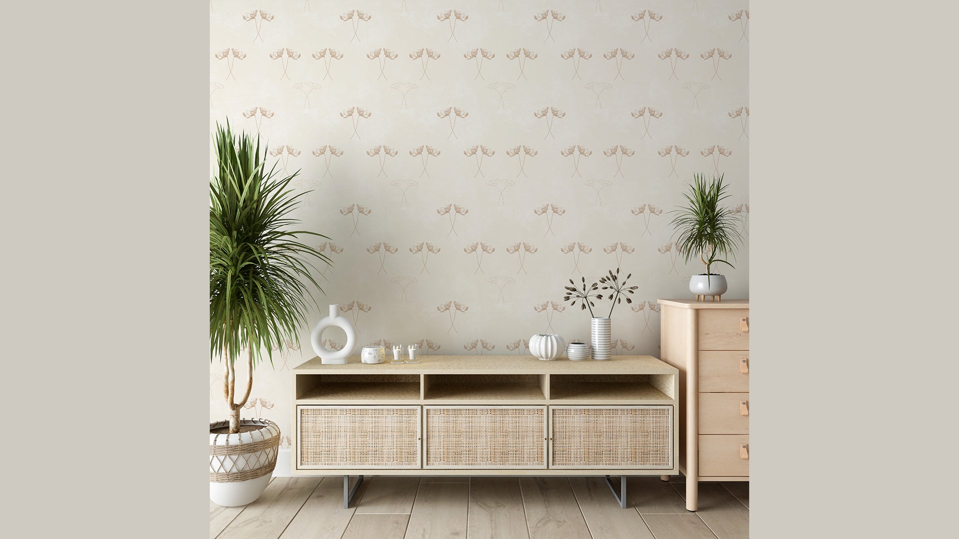 Floral line art pattern Wallpaper with Beige Tones