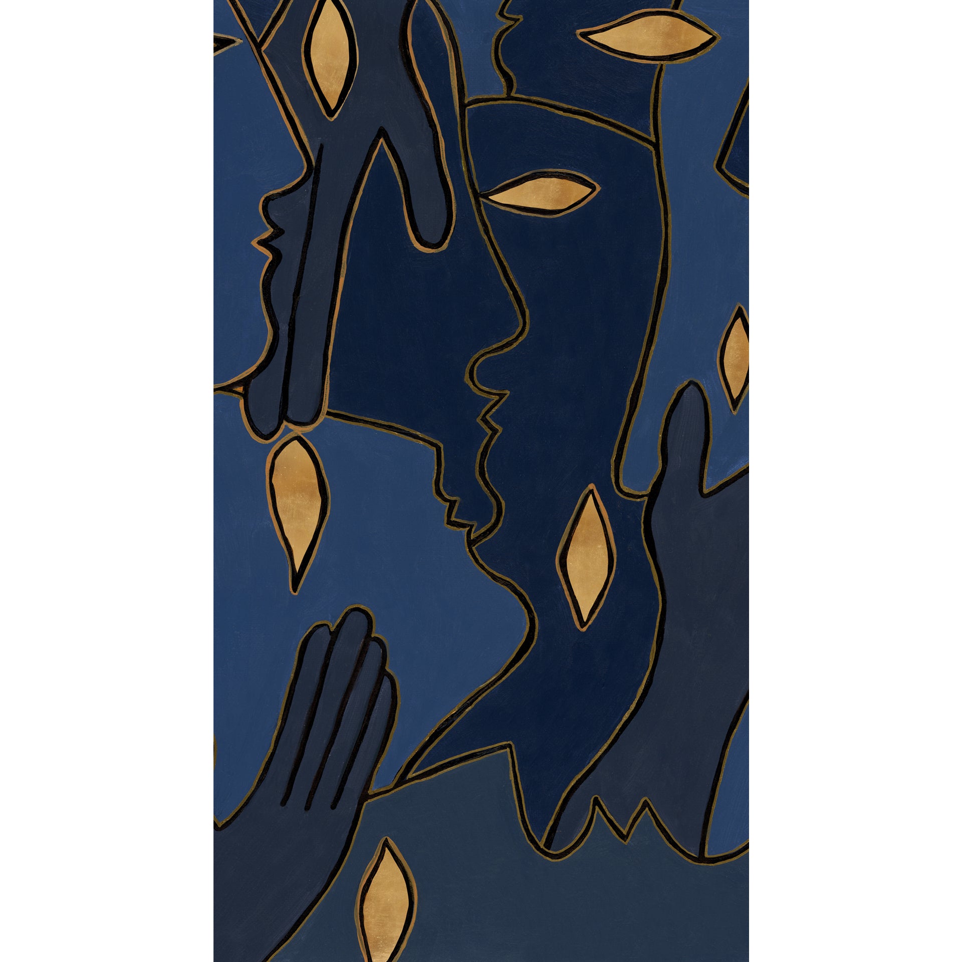 Face Art: A Modern, Abstract Line Art Illustration Featuring Silhouettes Of Faces In Deep Blue Tones, Accented With Gold.